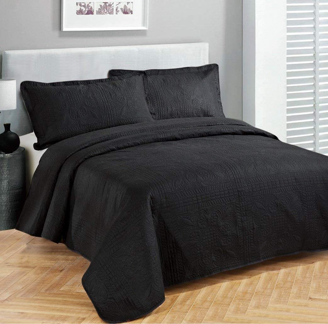 Elegant Home Beautiful Over Sized Solid Color Embossed Floral Striped 3 Piece Coverlet Bedspread (King/Cal-King, Black)