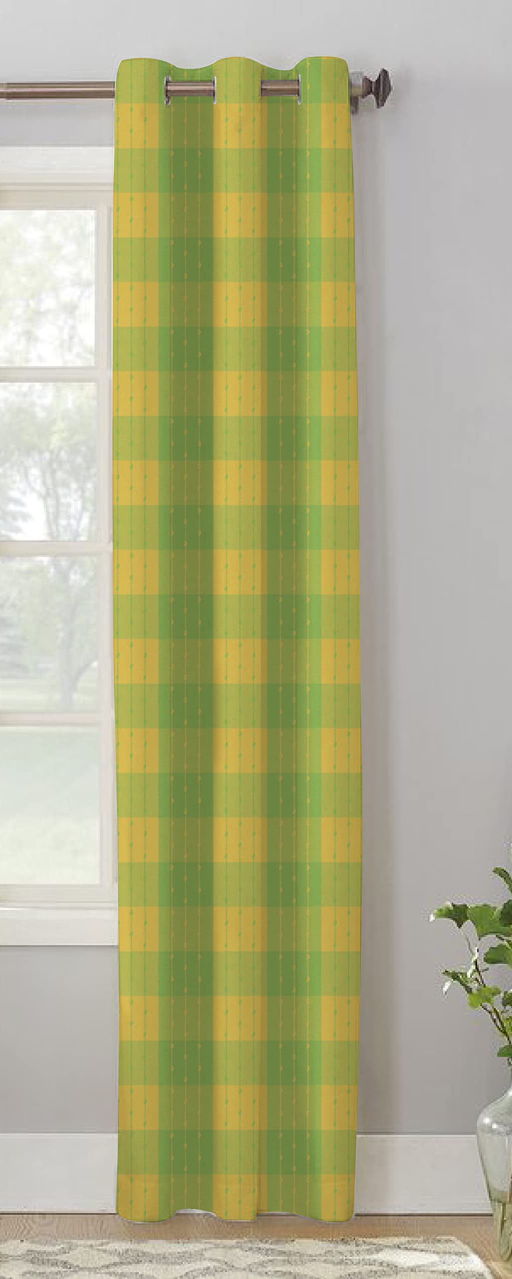 AIRWILL Cotton Beast Green Checkered Designed Pattern Door  4x7ft Curtains  (Pack of 1 pc)  Green, Yellow