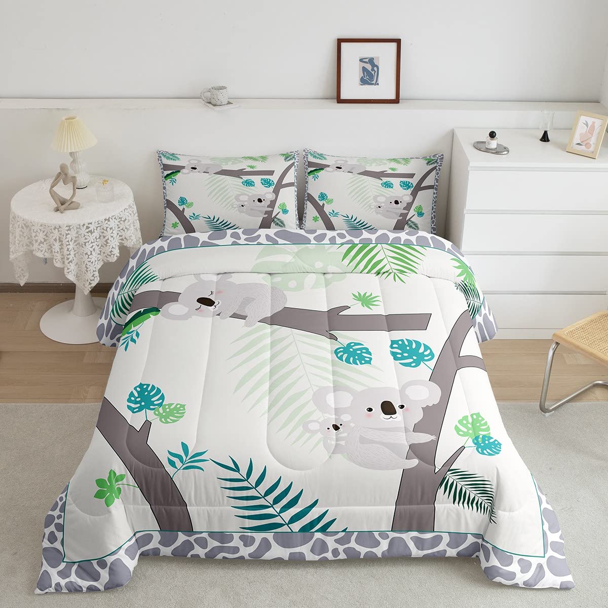 Homewish Kawaii Koala Comforter Set,Tropical Leaves Bedding Set For Kids Girls Women,Adults Wild Animals Comforter,Green Palm Le