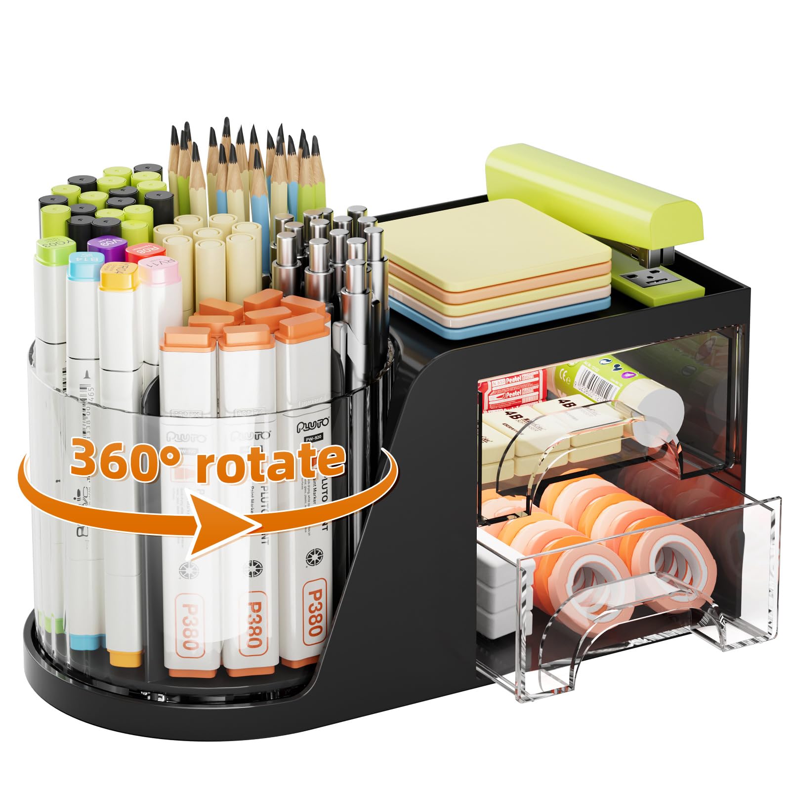 Marbrasse Desk Organizer With 2 Drawer, 360 Rotating Pen Holder, 6 Slots Pencil Organizer + 2 Drawer, Art Supply Storage Box Cad
