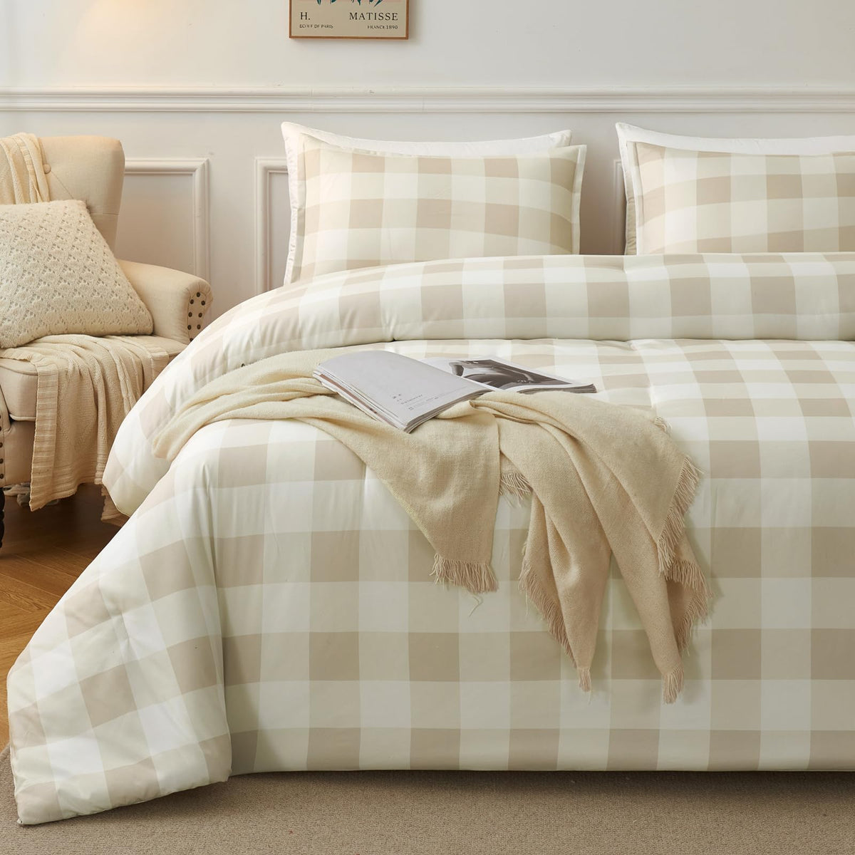 Andency Beige Grid Comforter Set Queen Size (90X90 Inch), 3 Pieces(1 Grid Comforter And 2 Pillowcases), Summer Lightweight Micro