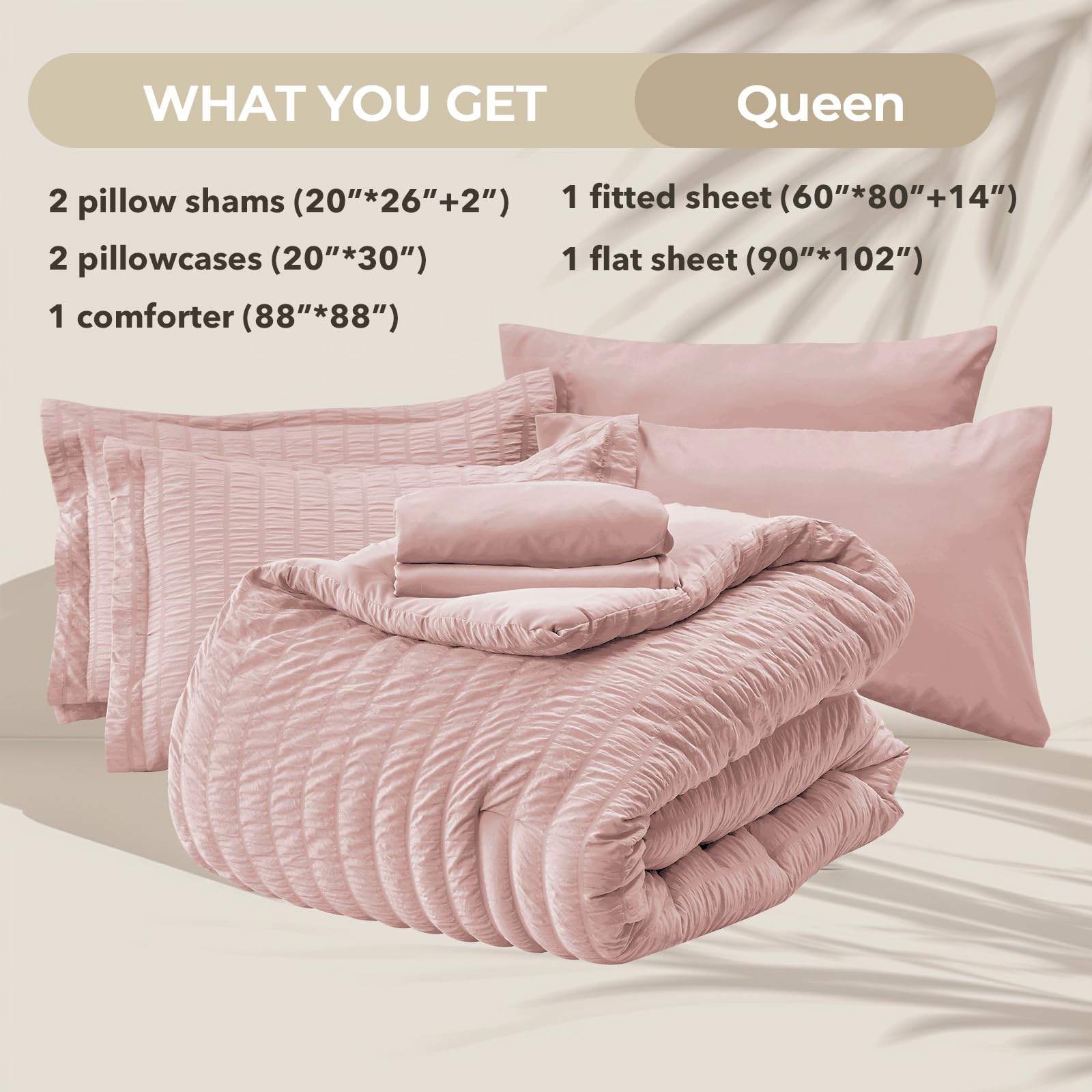 Hymokege Rose Gold Queen Comforter Set Seersucker 7 Pieces, All Season Luxury Bed In A Bag For Bedroom, Bedding Set With Comfort