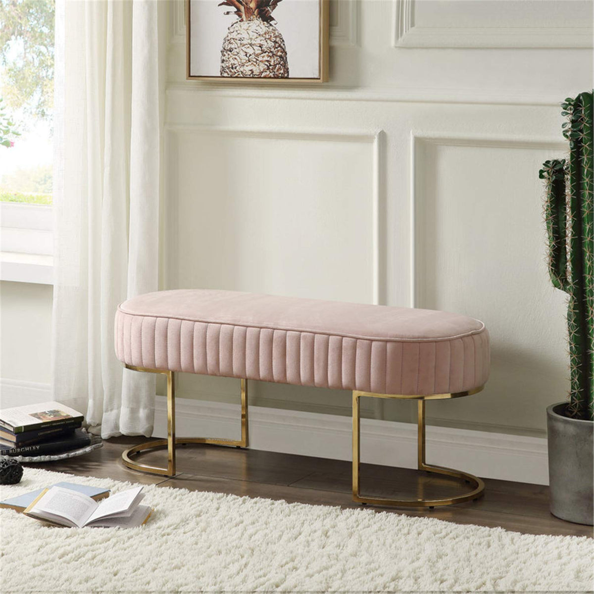 Julianne Velvet Bench with Metal Base in Pink