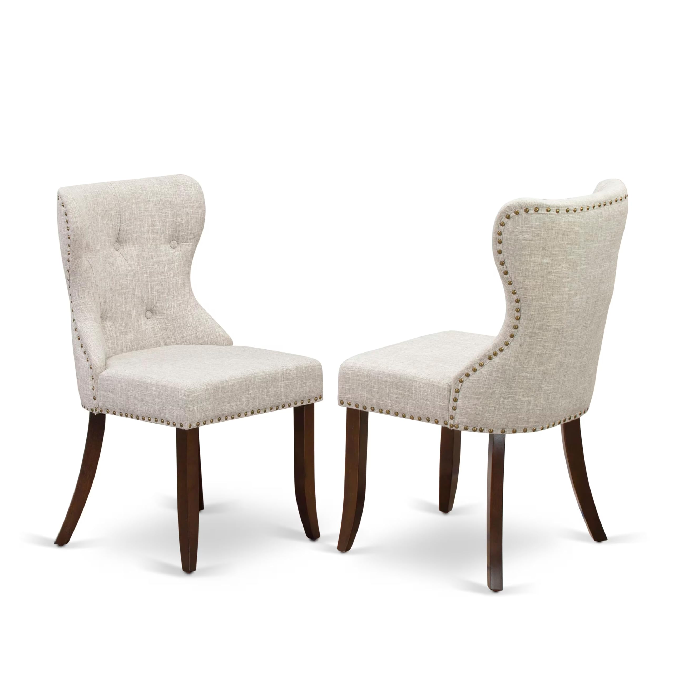 East West Furniture AMSI3-MAH-35 3 Piece Dining Room Table Set Contains a Round Kitchen Table with Pedestal and 2 Doeskin Linen Fabric Parson Dining Chairs, 36x36 Inch, Mahogany