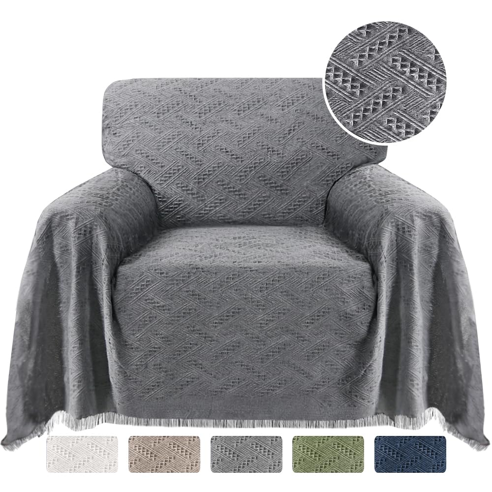 Turquoize Cotton Mixed Medium Blanket (71'X 91', Grey) - Geometrical Woven Jacquard Fabric, Durable, Machine Washable, For Sofa,