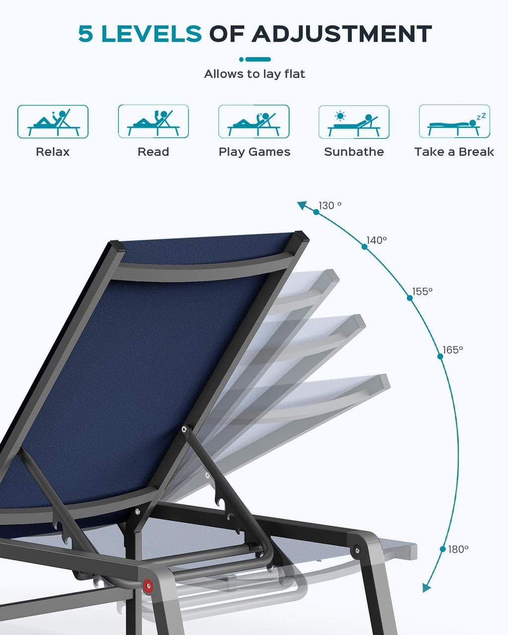 Aluminum Chaise Lounge Ourdoor - Foldable & Assemble Free Outdoor Lounge Chair With 5 Adjustable Backrest, Patio Lounge Chair For Outside Poolside Beach Pool, Navy Blue