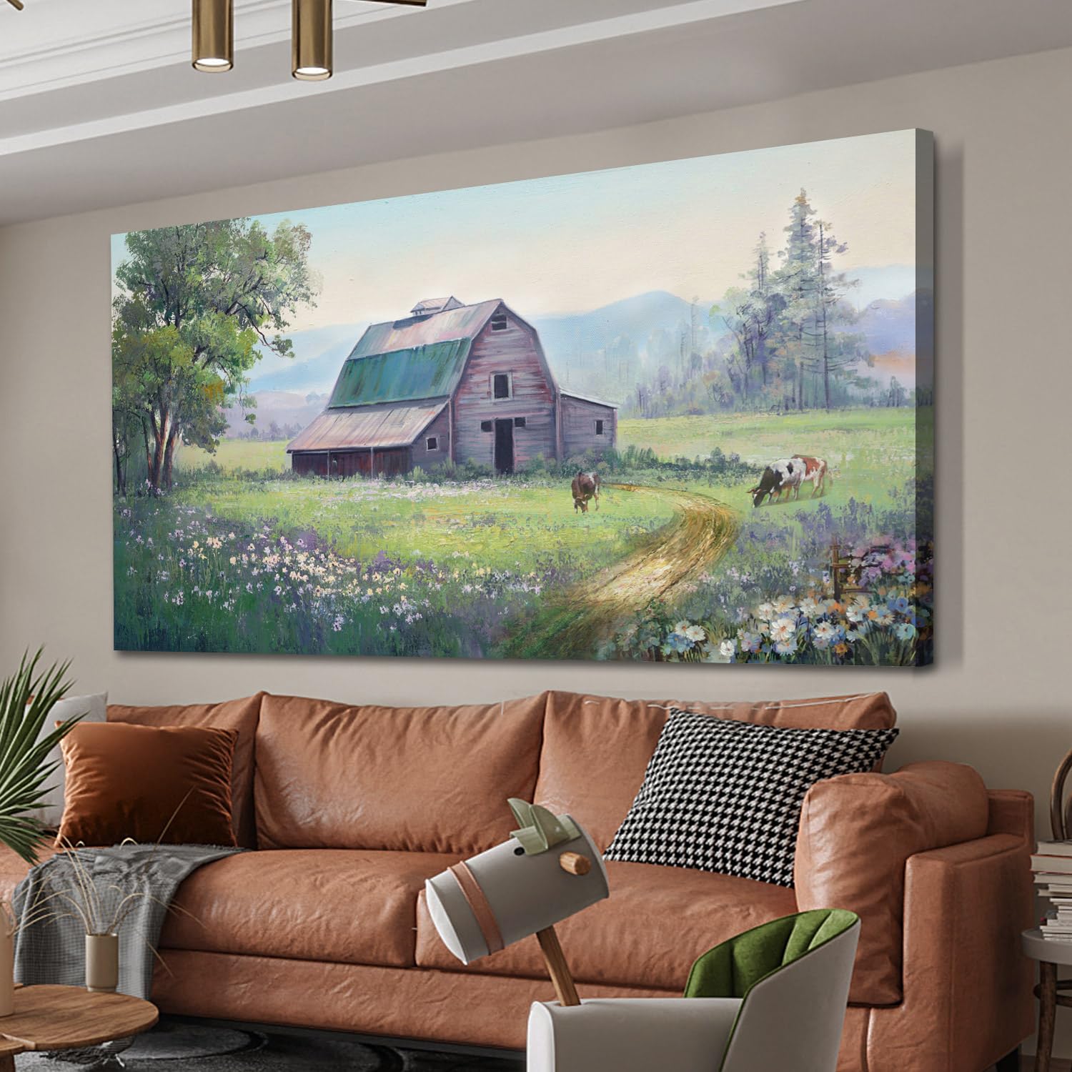 Acocifi Farmhouse Cabin Wall Art Canvas Rustic Cow Barn Landscape Picture Nature Wildflower Painting, Textured Artwork Large Fra