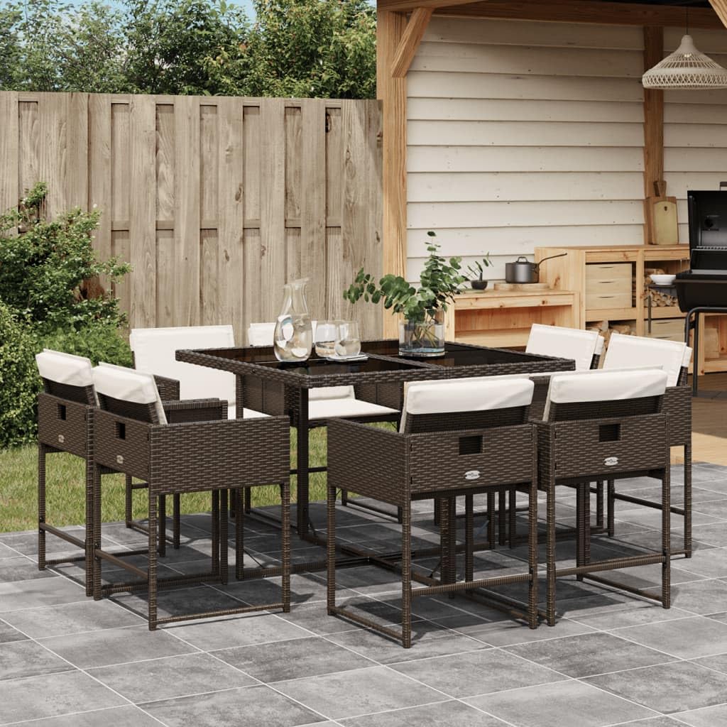 vidaXL 9 Piece Patio Dining Set - Brown PE Rattan with Cushions - Outdoor/Garden Furniture: Rectangle Table with Glass Top & Foldable Chairs for Space-Saving Storage