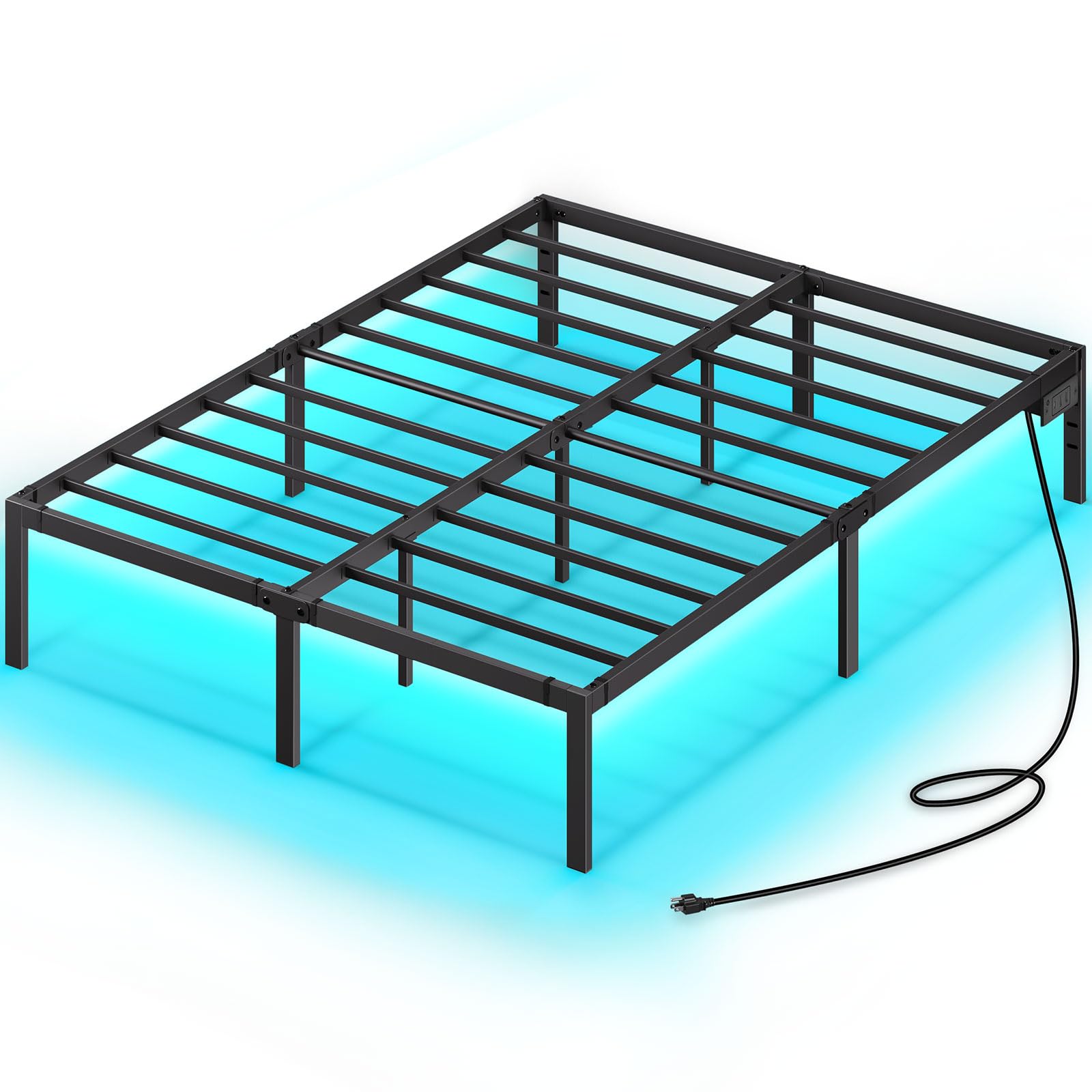 Rolanstar Bed Frame with USB Charging Station, Full Bed Frame with LED Lights, Platform Bed Frame with Heavy Duty Steel Slats, 1