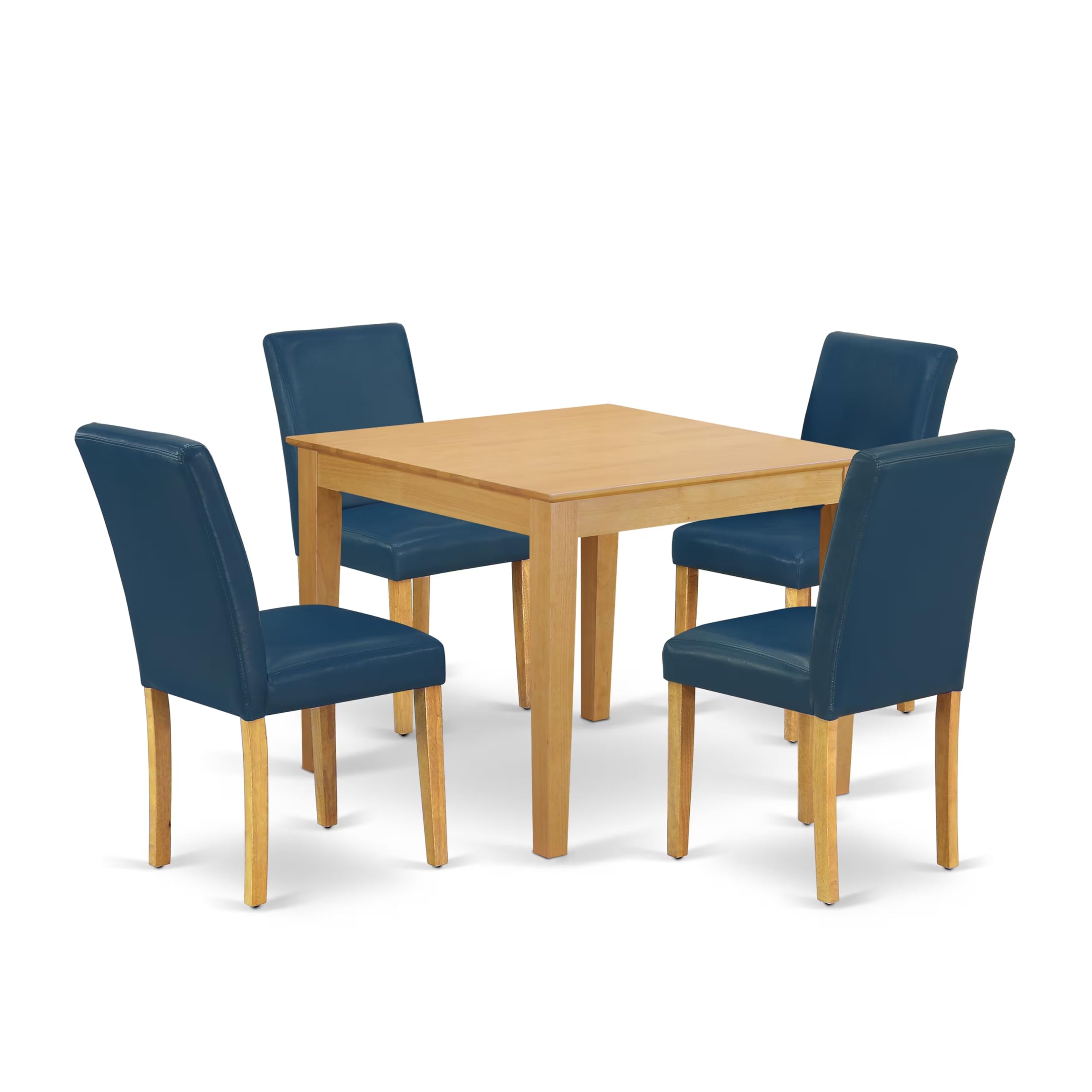 East West Furniture Oxab5-Oak-55 5 Piece Modern Dining Table Set Includes A Square Wooden Table And 4 Oasis Blue Faux Leather Upholstered Chairs, 36X36 Inch, Oak