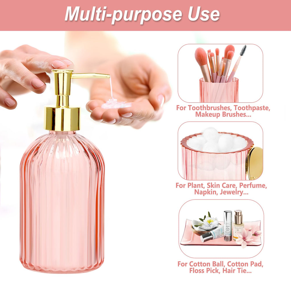 Jenseits Pink Bathroom Accessories Set, 4 Pcs Glass Bathroom Accessory Sets, Soap Dispenser, Toothbrush Holder, Qtip Holder, Van