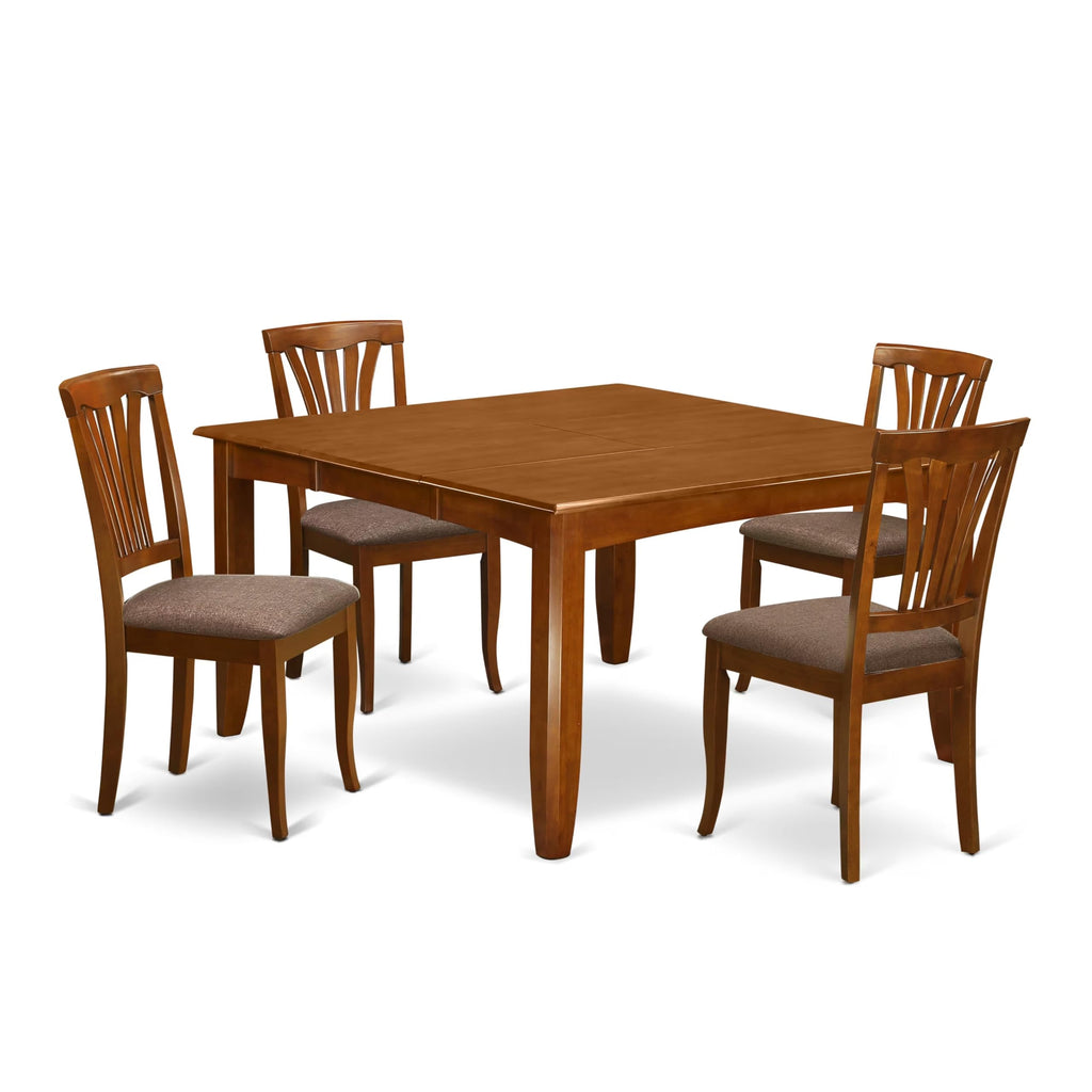 East West Furniture PFAV5-SBR-C 5 Piece Dining Table Set for 4 Includes a Square Kitchen Table with Butterfly Leaf and 4 Linen Fabric Kitchen Dining Chairs, 54x54 Inch, Saddle Brown