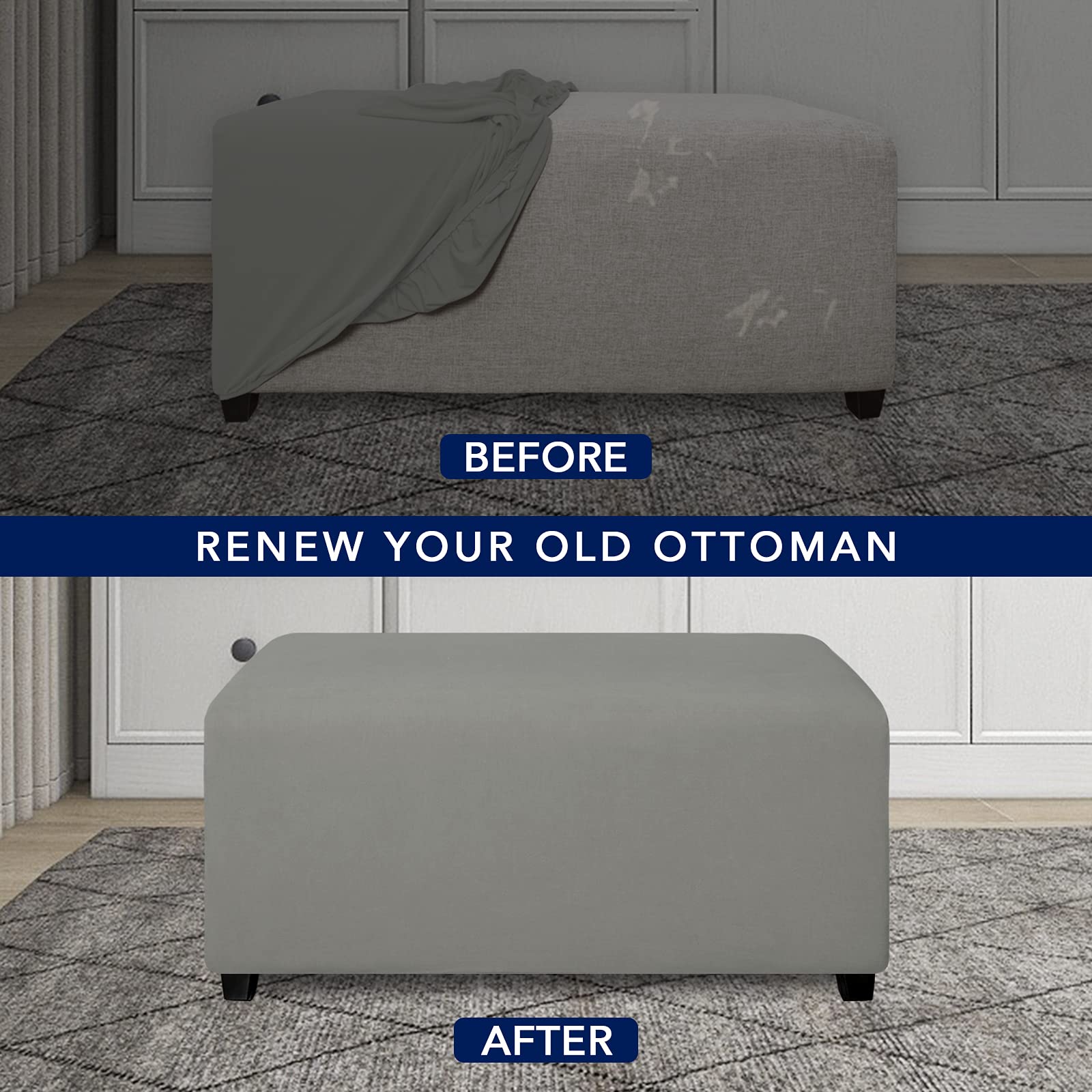 Purefit Super Stretch Soft Form Fit Ottoman Cover Rectangle - Ottoman Slipcovers For Foot Stool & Folding Storage Furniture For Living Room With Nonslip Elastic Bottom (Medium, Light Gray)