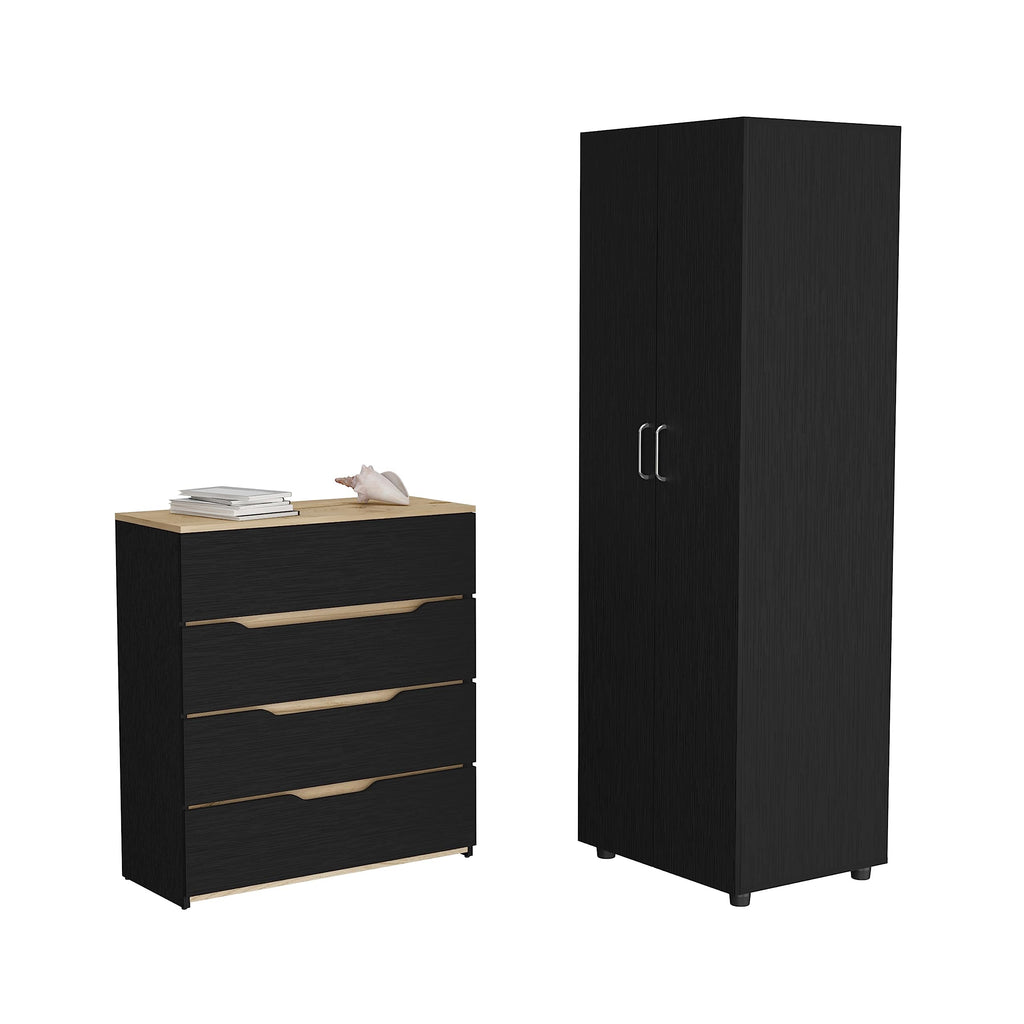 DEPOT E-SHOP Raines 2 Piece Bedroom Set, Armoire + Drawer Dresser, Black/Light Oak