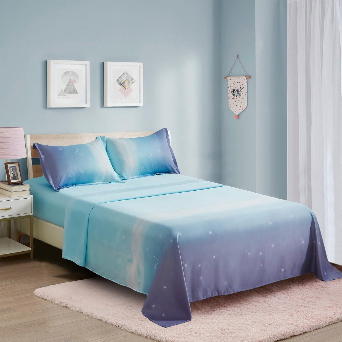 Dinjoy Girls Sheet Set Full Size, Rainbow Ombre Purple Blue Bedding Set 4 Pieces (1 Fitted Sheet, 1 Flat Sheet,2 Pillowcases) So