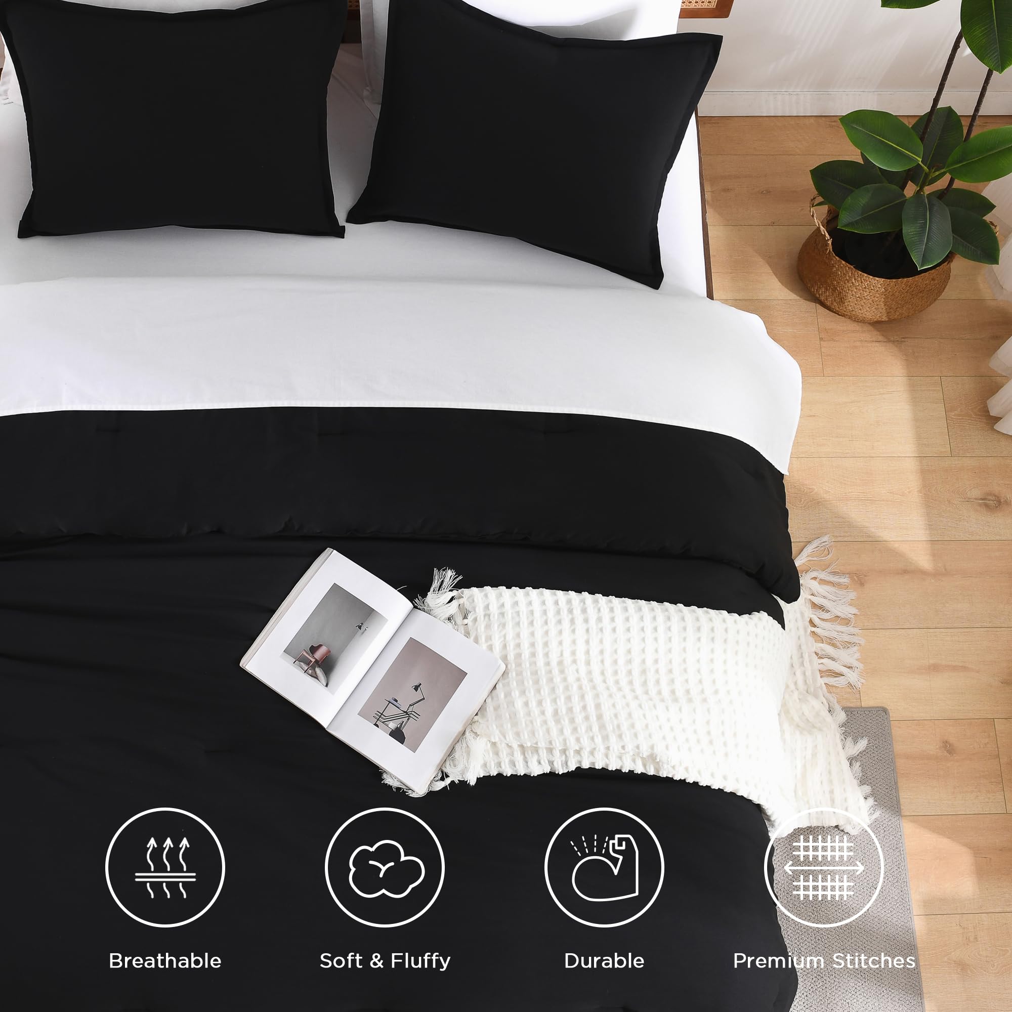 Andency Black Full Size Comforter Set, 3 Pieces Fluffy Solid Bedding Comforters & Sets, All Season Soft Lightweight Microfiber Bed Blanket Set For Kids Teens Boys
