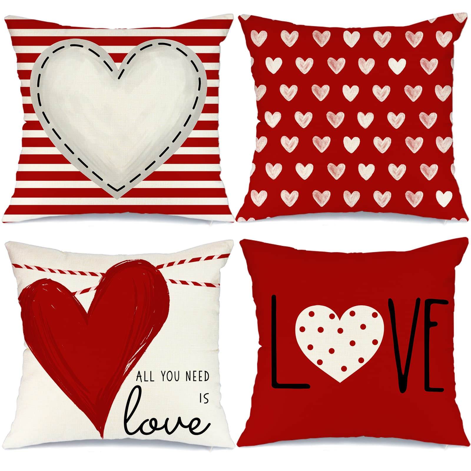 Geeory Valentines Day Pillow Covers 20X20 Inch Set Of 4 For Valentines Decor Red White Stripes Dots Love Heart Valentines Day Th