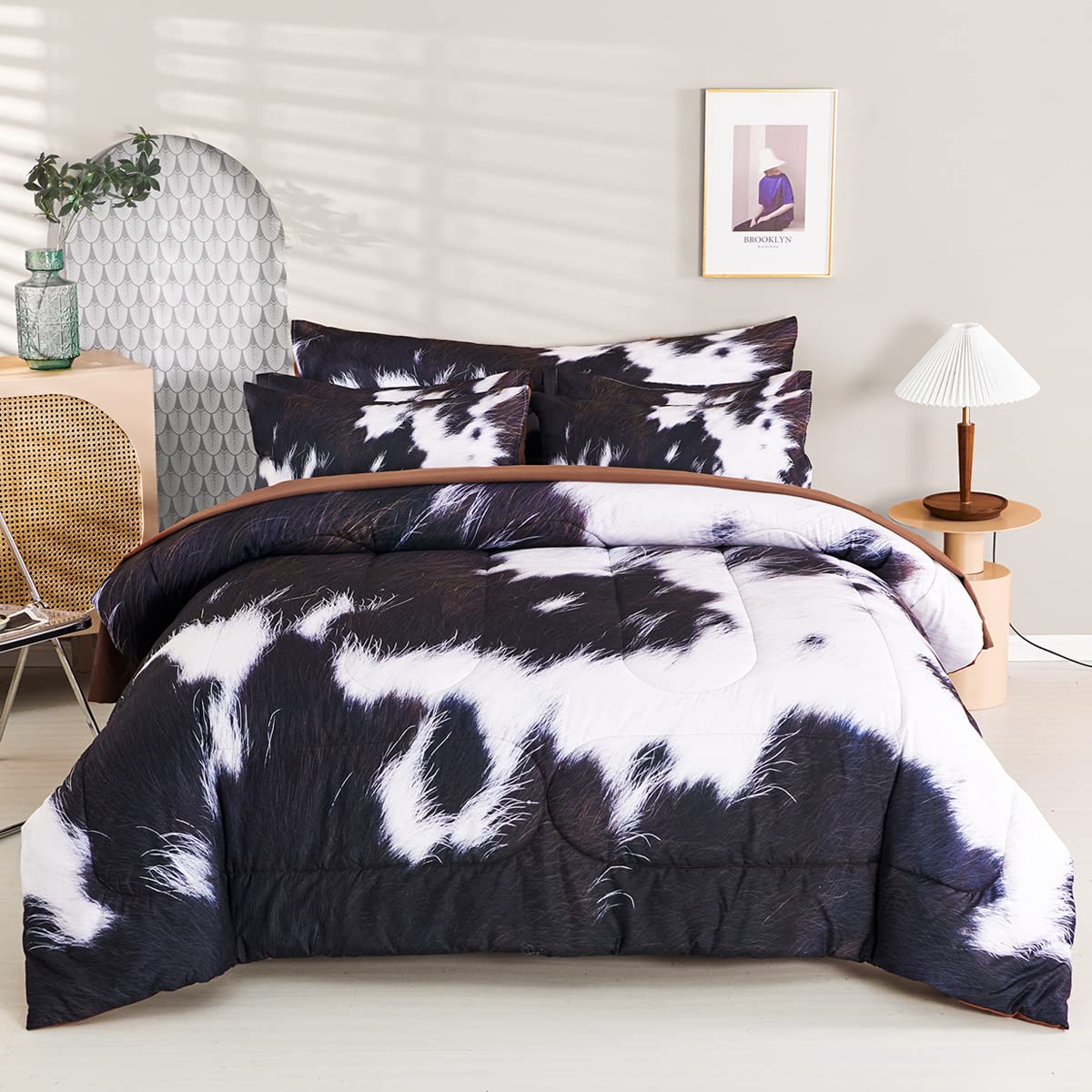 Sucses Cow Print Comforter Set Queen Size, 8Pcs Cow Fur Print Bed In A Bed, Western Highland Cowhide Bedding Sets With Comforter