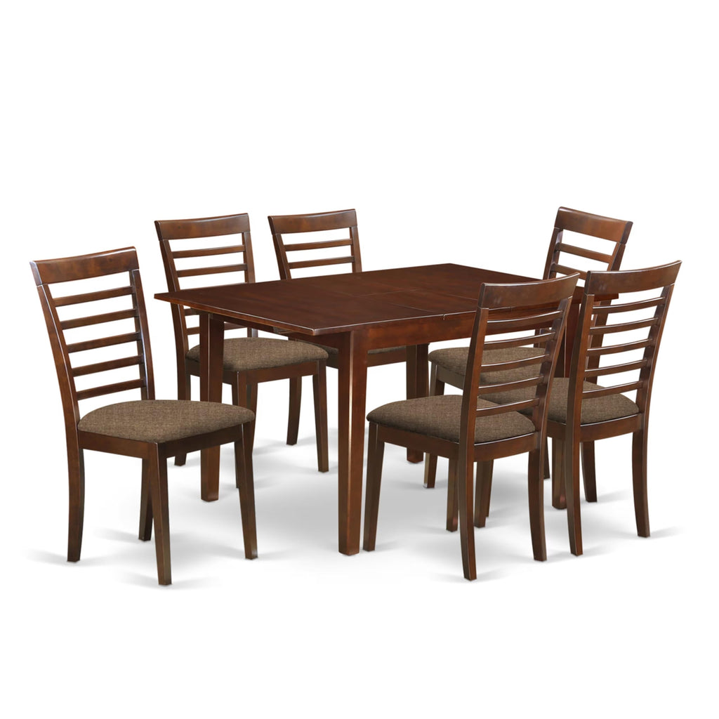 East West Furniture MILA7-MAH-C 7 Piece Dining Table Set Consist of a Rectangle Dinner Table with Butterfly Leaf and 6 Linen Fabric Dining Room Chairs, 36x54 Inch, Mahogany