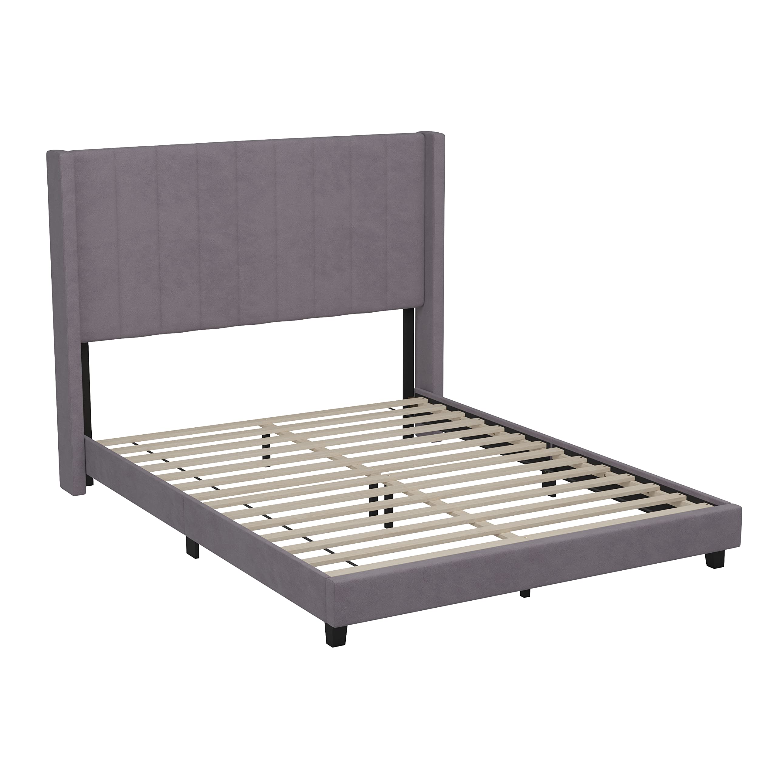 Flash Furniture Bianca Upholstered Platform Bed - Gray Velvet Upholstery - Queen - Wingback Headboard - Slatted Mattress Foundation - No Box Spring Needed