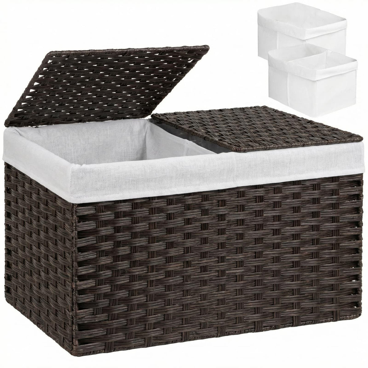 Handwoven Wicker Storage Basket with 2 Lids & Liners, Large Shelf Basket for Clothes, Toys, Blankets, Foldable Storage Bin for L