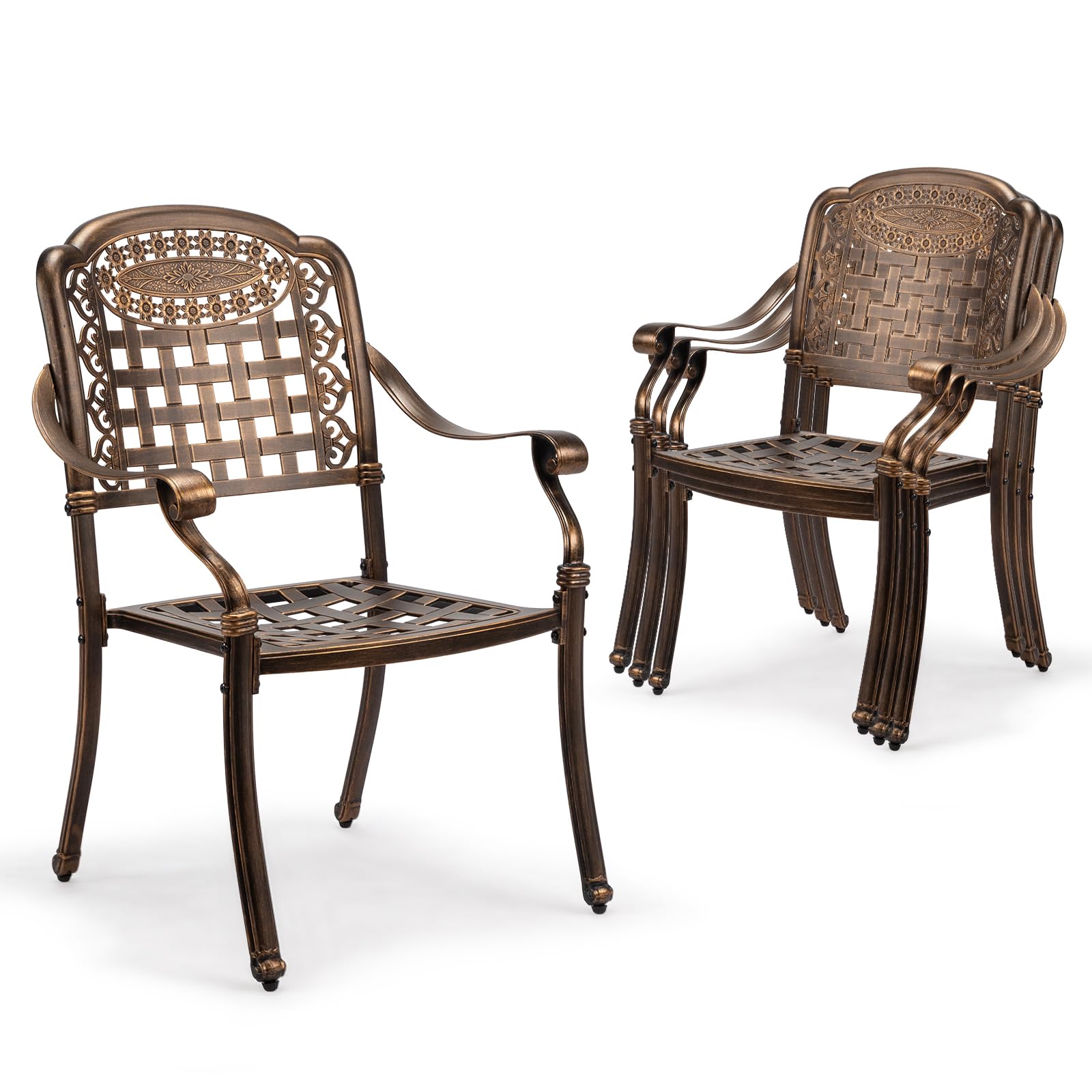 Vingli Patio Chairs Set Of 4 - Stackable Outdoor Cast Aluminum Dining Chairs With Vintage Bronze Finish And Plaid Pattern, Metal