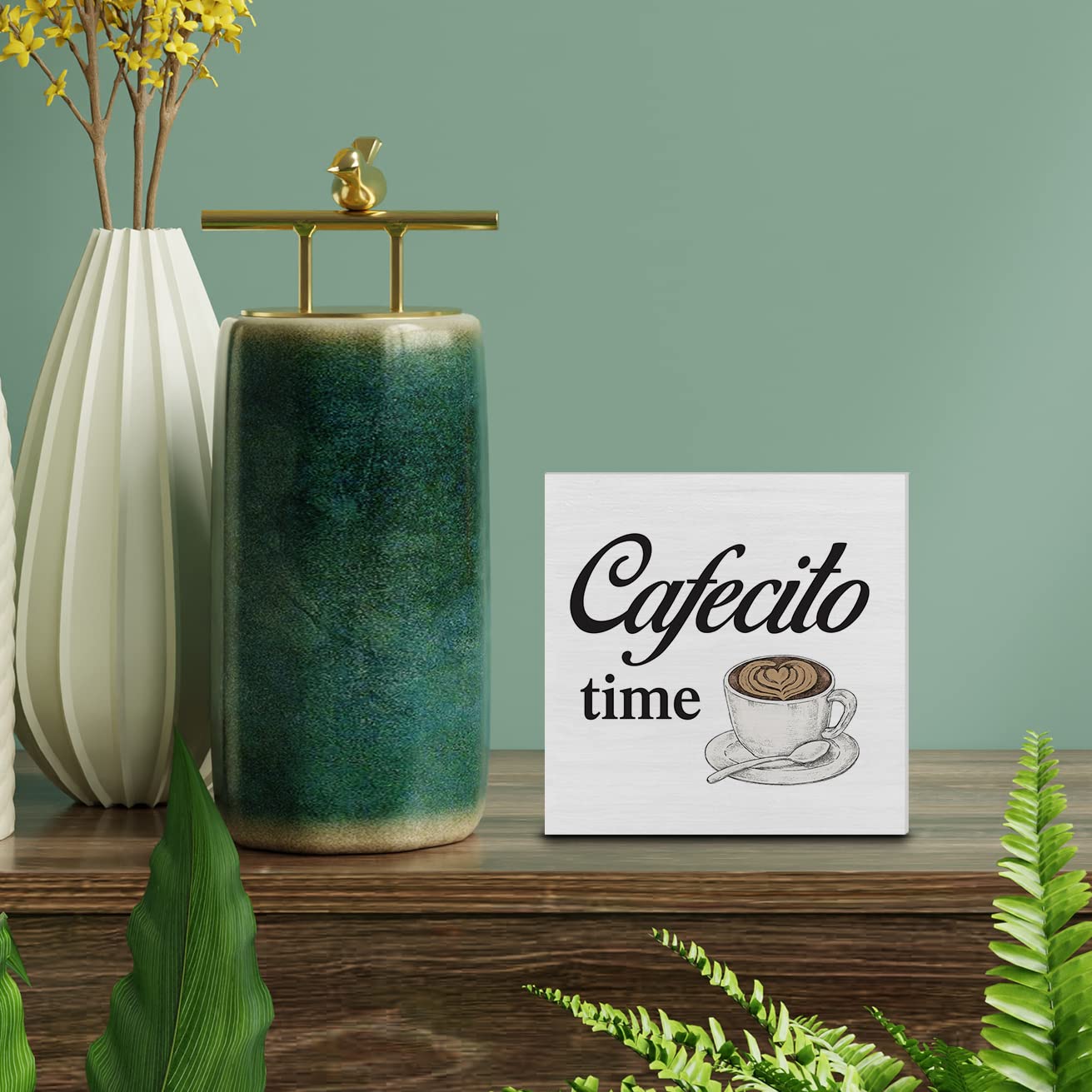 Country Cafecito Time Wood Box Sign Decor Desk Sign Coffee Caffeine Lover Wooden Box Block Sign Rustic Home Kitchen Shelf Tablet
