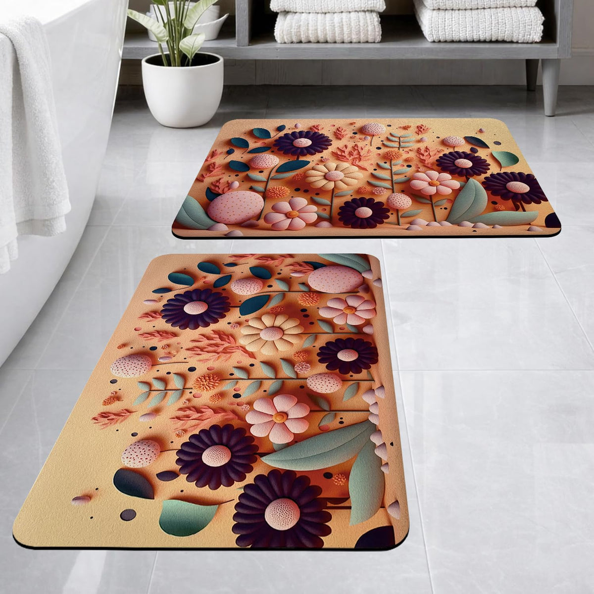 SITTELLA 2 Pieces AntiSkid Water Soaking 3D Flower Print Bathroom Mat, Water Absorbent Mat (40x60cm) (Orange Flower Print)