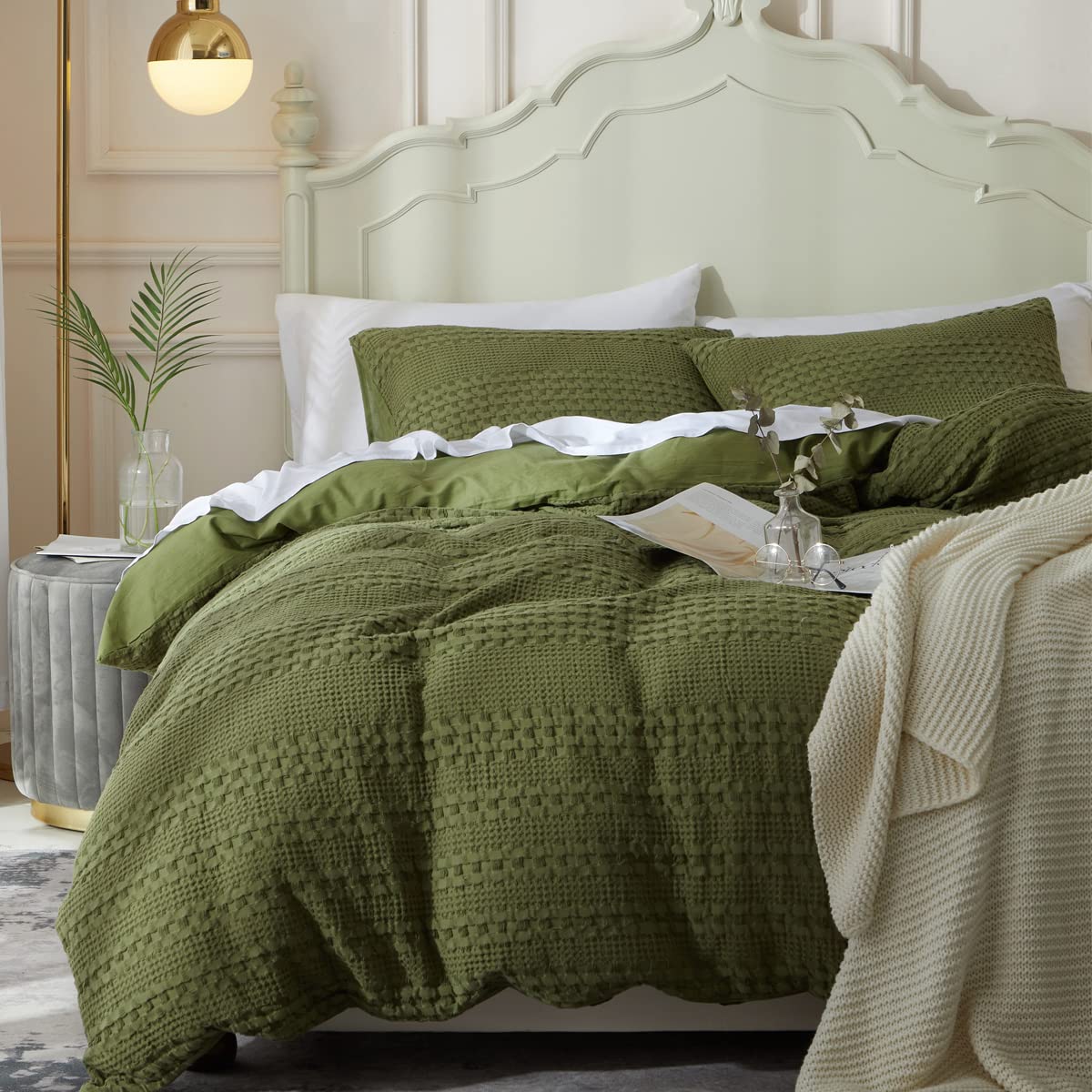Ivellow Waffle Weave Duvet Cover Set 100% Cotton Duvet Cover Boho Textured Olive Sage Green Cozy Soft Breathable Queen Duvet Cov