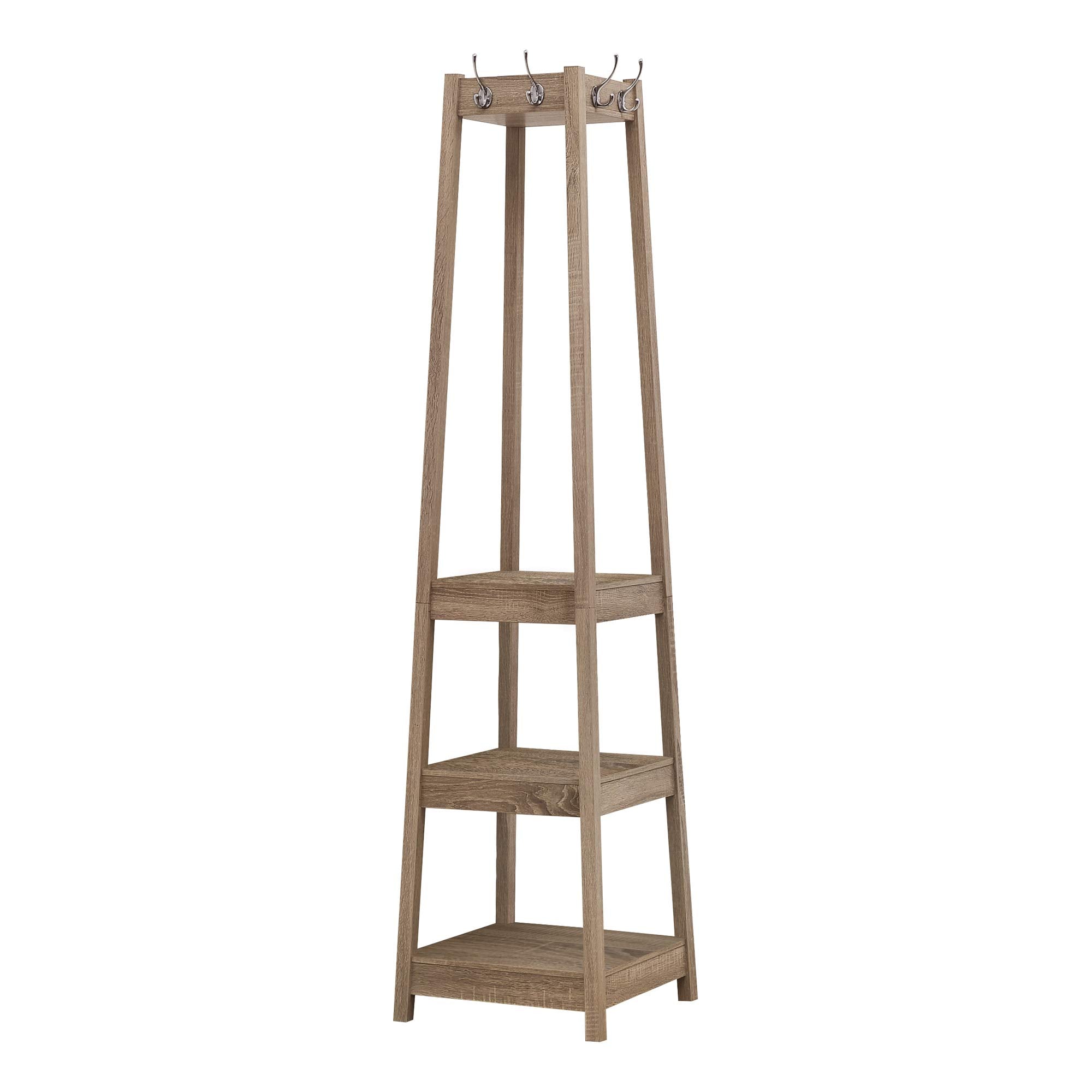 Monarch Specialties 4 Hooks and 3 Shelves Hanger Hanging for Entryway Hallway or Office Free Standing Hall-Tree, Dark Taupe