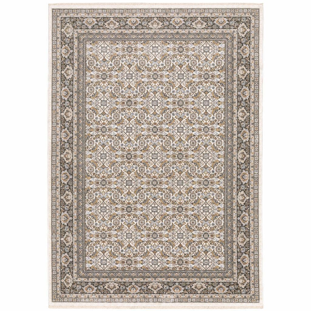 HomeRoots 509405 6 x 9 ft. Ivory & Gray Oriental Power Loom Stain Resistant Rectangle Area Rug with Fringe