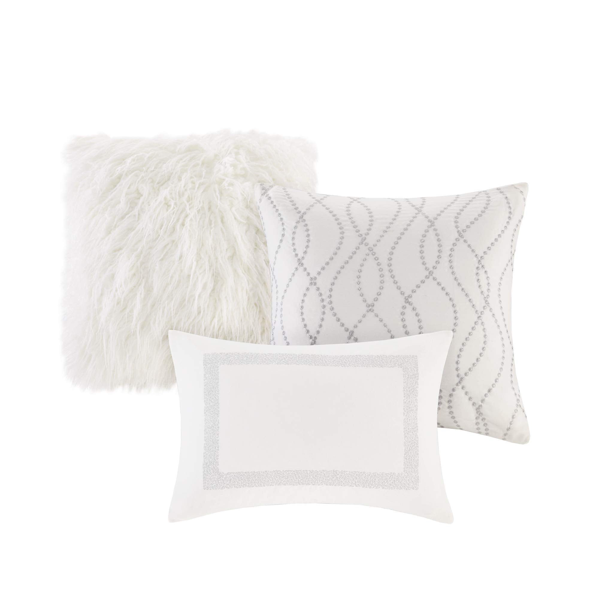 Madison Park Signature Glam Cozy Comforter Set - All Season Bedding Combo Filled Insert And Removable Duvet Cover, Shams, Decorative Pillows, Metallic White Queen(92'X96') 9 Piece