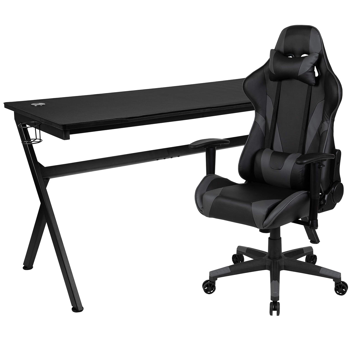 Flash Furniture Gaming Desk And Gray/Black Reclining Gaming Chair Set /Cup Holder/Headphone Hook/Removable Mouse Pad Top - Wire Management