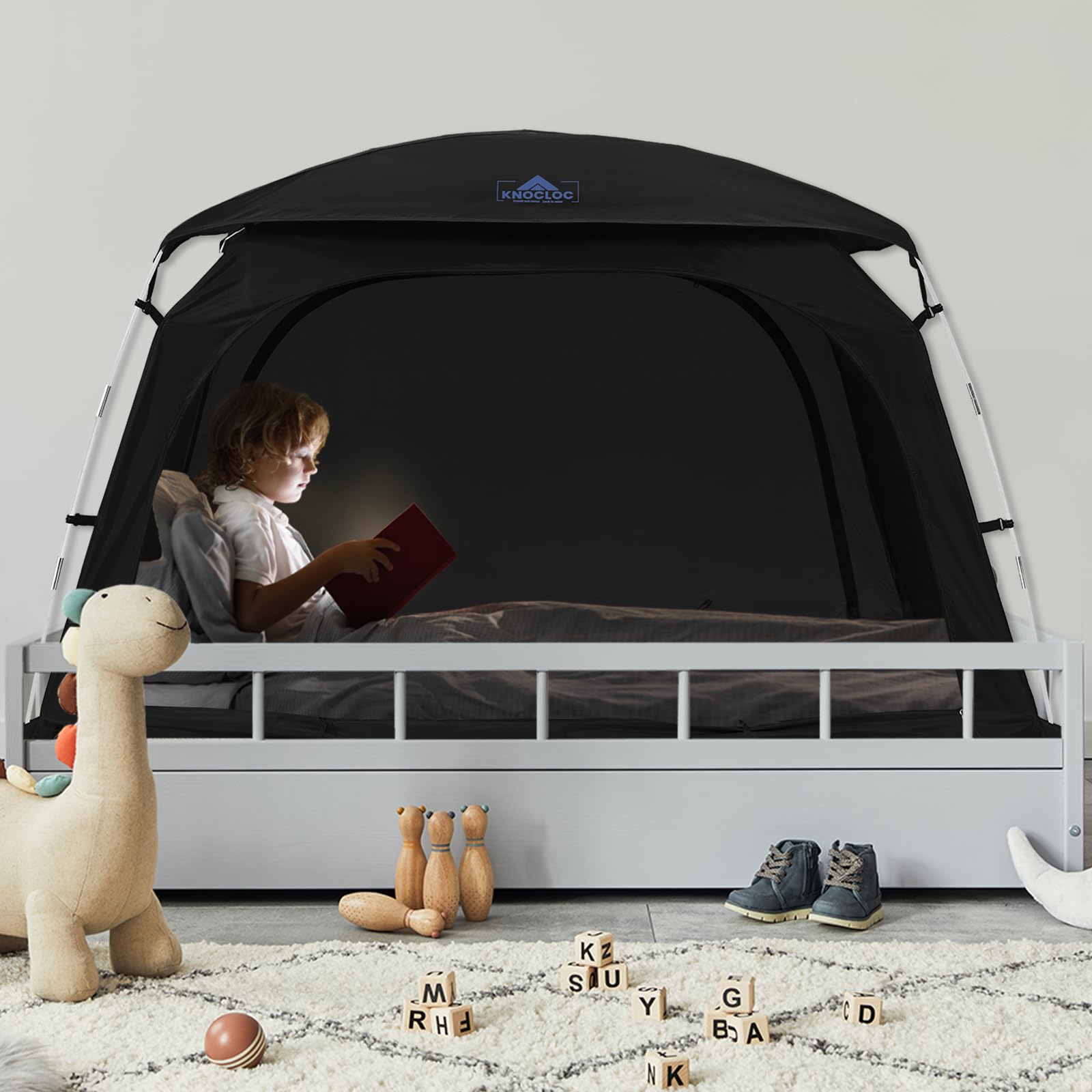 KNOCLOC Blackout Twin Bed Tent, CPC Certified Sensory Bed Tent, for Healthier Sleep with Top Vents, Breathable Floor, Built-in F