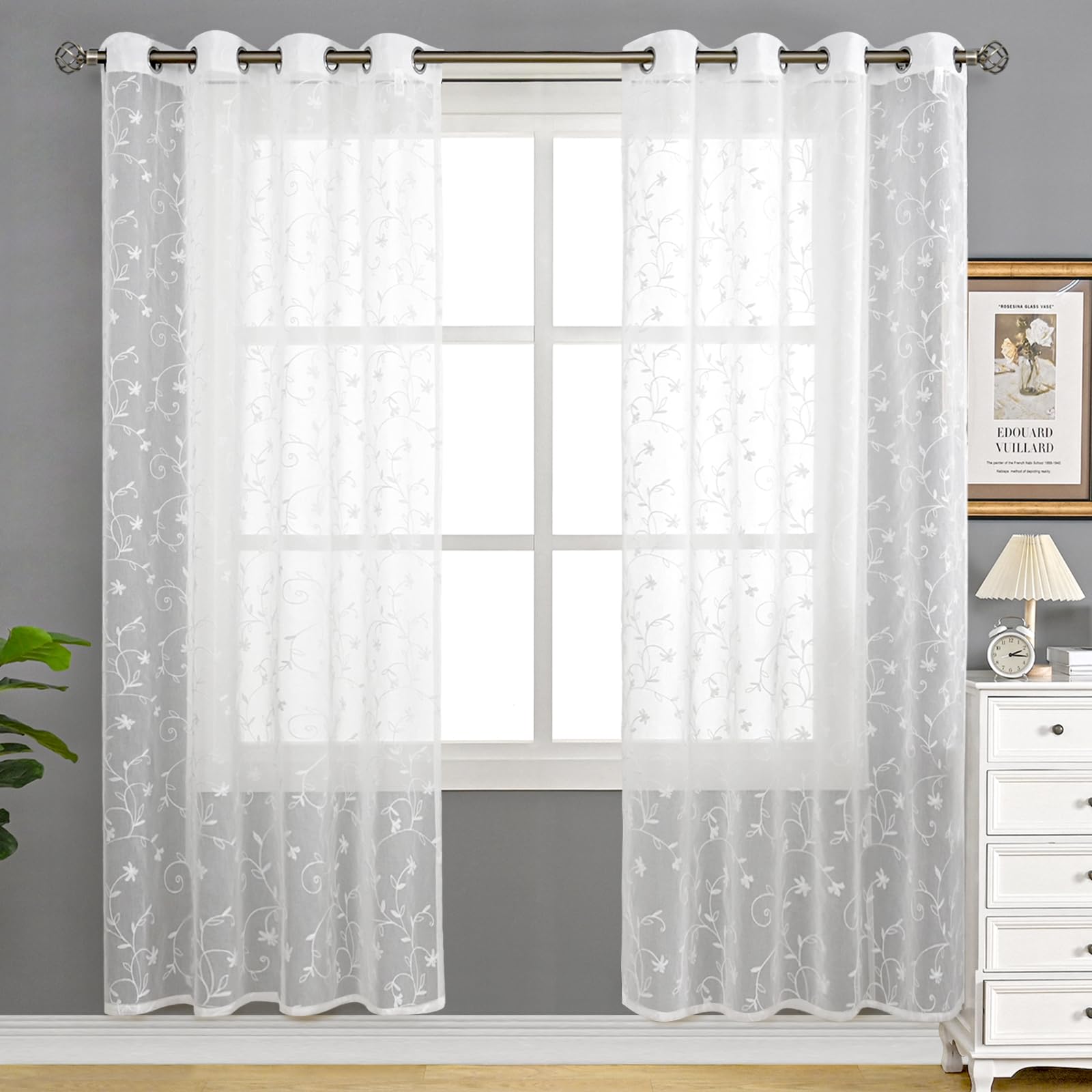BGment White Sheer Curtains 84 inches Long for Living Room 2 Panels, Embroidered Flower Pattern Light Filtering Linen Textured G