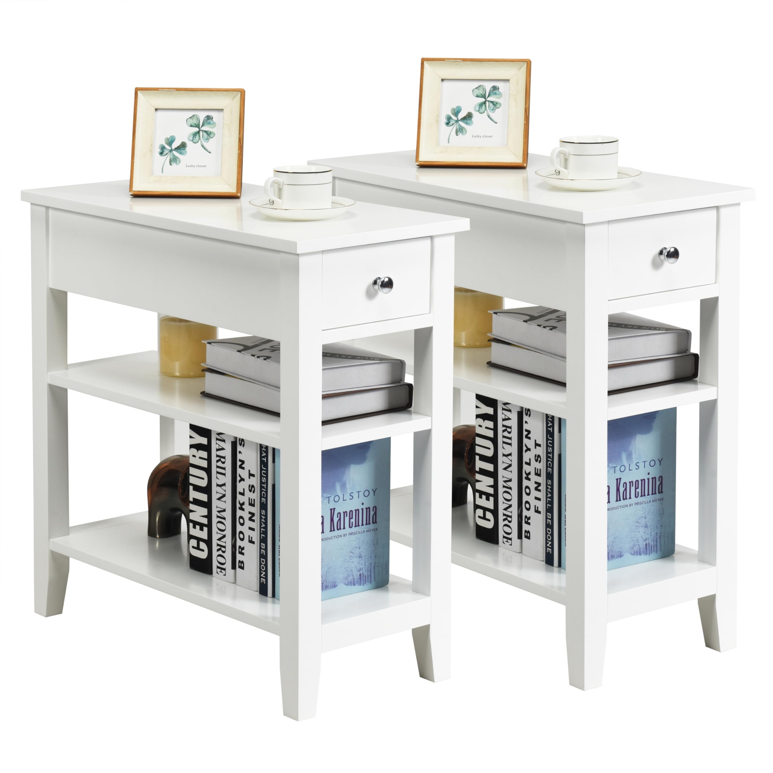 Kotek End Table Set Of 2 With Drawer And Open Storage Shelf, Narrow Side Table, Slim Bedside Table, 3-Tier Nightstand For Living Room, Bedroom, Office (White)