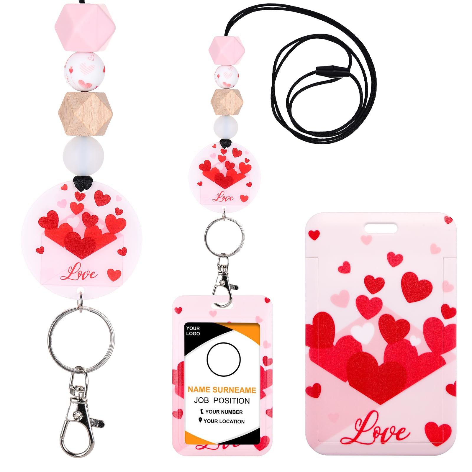 Valentine Lanyards For Id Badges - Cute Heart Pink Lanyard With Id Badge Holder, Silicone Beaded Breakaway Bachelorette Party Na