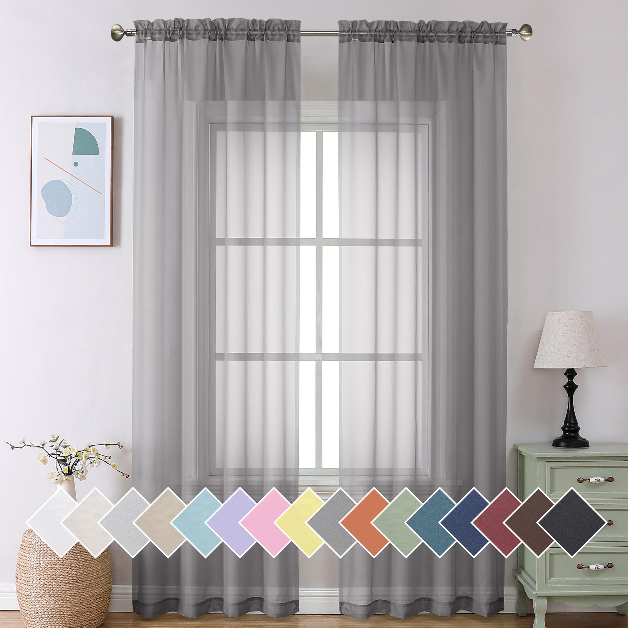 Aiyufeng 2 Pack: Basic Grey Sheer Curtain Drapes For Living Room 108 Inch Length 2 Panels, Light Filtering Voile Drapes For Bedr