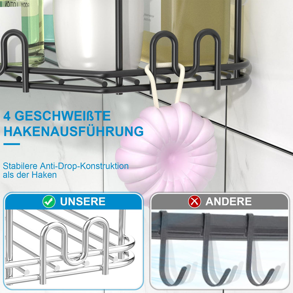 Steugo Corner Shower Caddy, Shower Organizer Corner Shower Shelf With 12 Hooks,3-Pack Adhesive Stainless Steel Shower Shelves Fo
