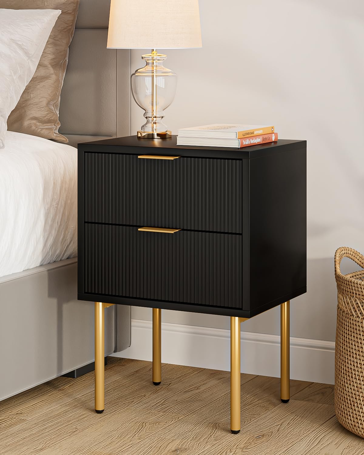 Masupu Nightstand,Mid-Century Modern Bedside Table With 2 Storage Drawer,Small Gold Frame Side End Table For Bedroom,Living Room, Black