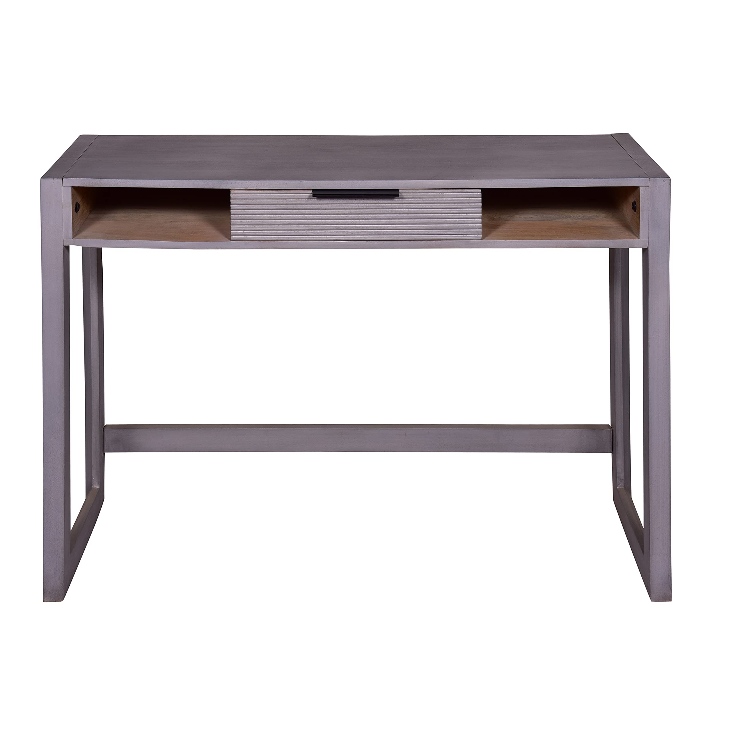 TUP The Urban Port 44 Inch Mango Wood Desk Minimalistic Entryway Console Table, Single Drawer, Textured Groove Lines, Gray