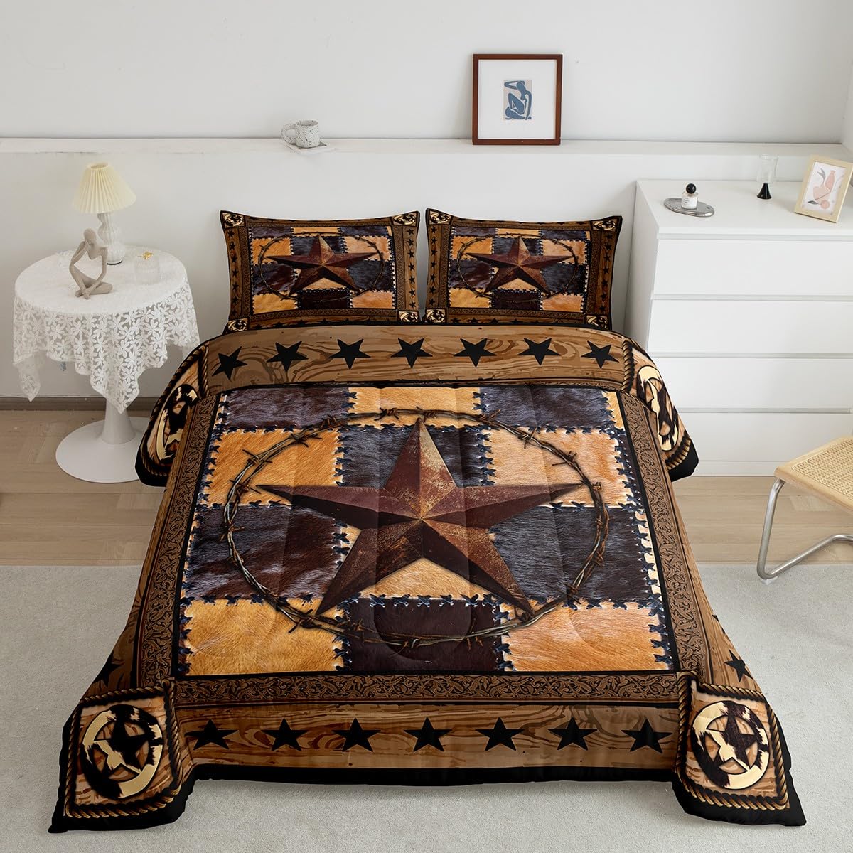 Western Texas Star Kids Comforter Set King Size,Cow Fur Plaids Patchwork Bedding Set,Boys Girls Adults Room Decor,Western Cowboy