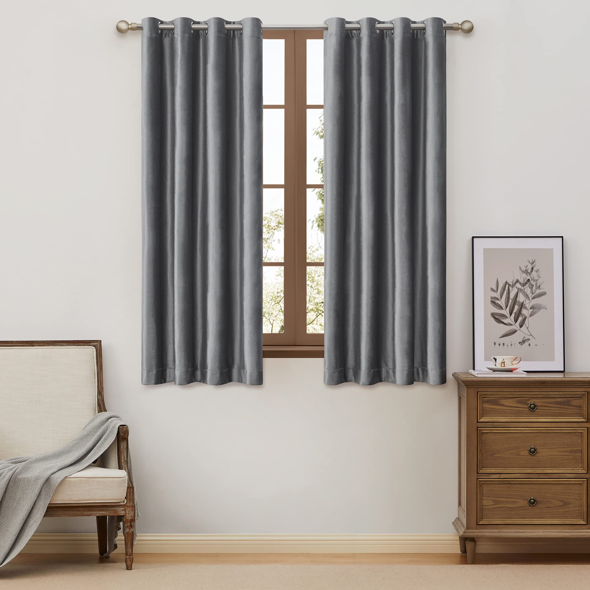 Bulbul Dark Grey Velvet Window Curtains 63 Inch Length- 2 Panels Living Room Gray Blackout Window Drapes Curtains Thermal Insula