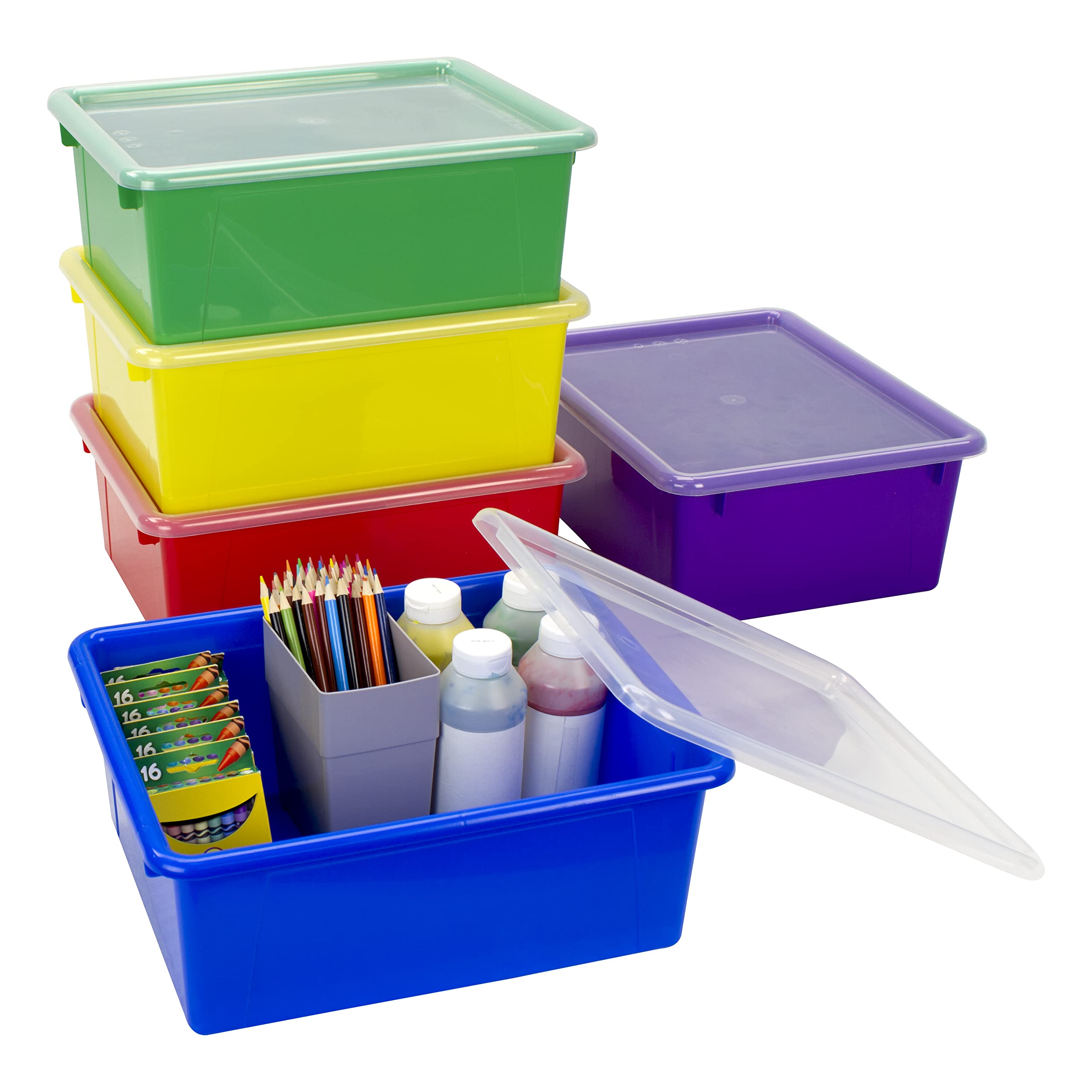 Storex Letter Size Deep Storage Tray - Organizer Bin With Non-Snap Lid For Classroom, Office And Home, Assorted Colors, 5-Pack (