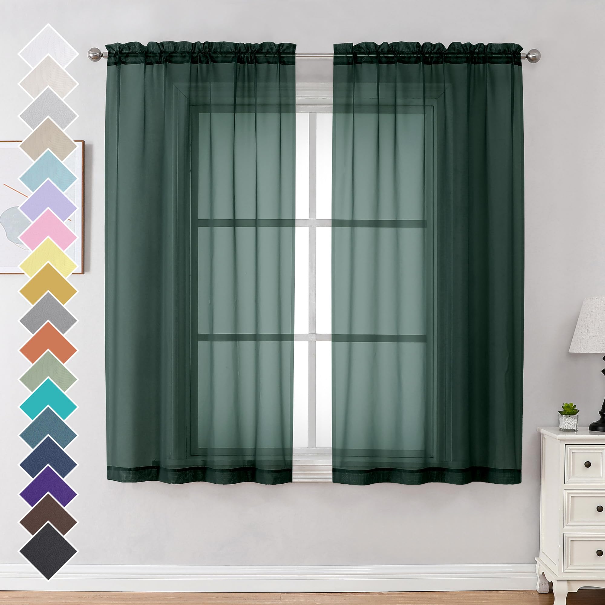 Ovzme Hunter Green Sheer Curtains 63 Inches Long 2 Panels - Soft Light Filtering Window Sheer Panels For Living Room/Bedroom, To