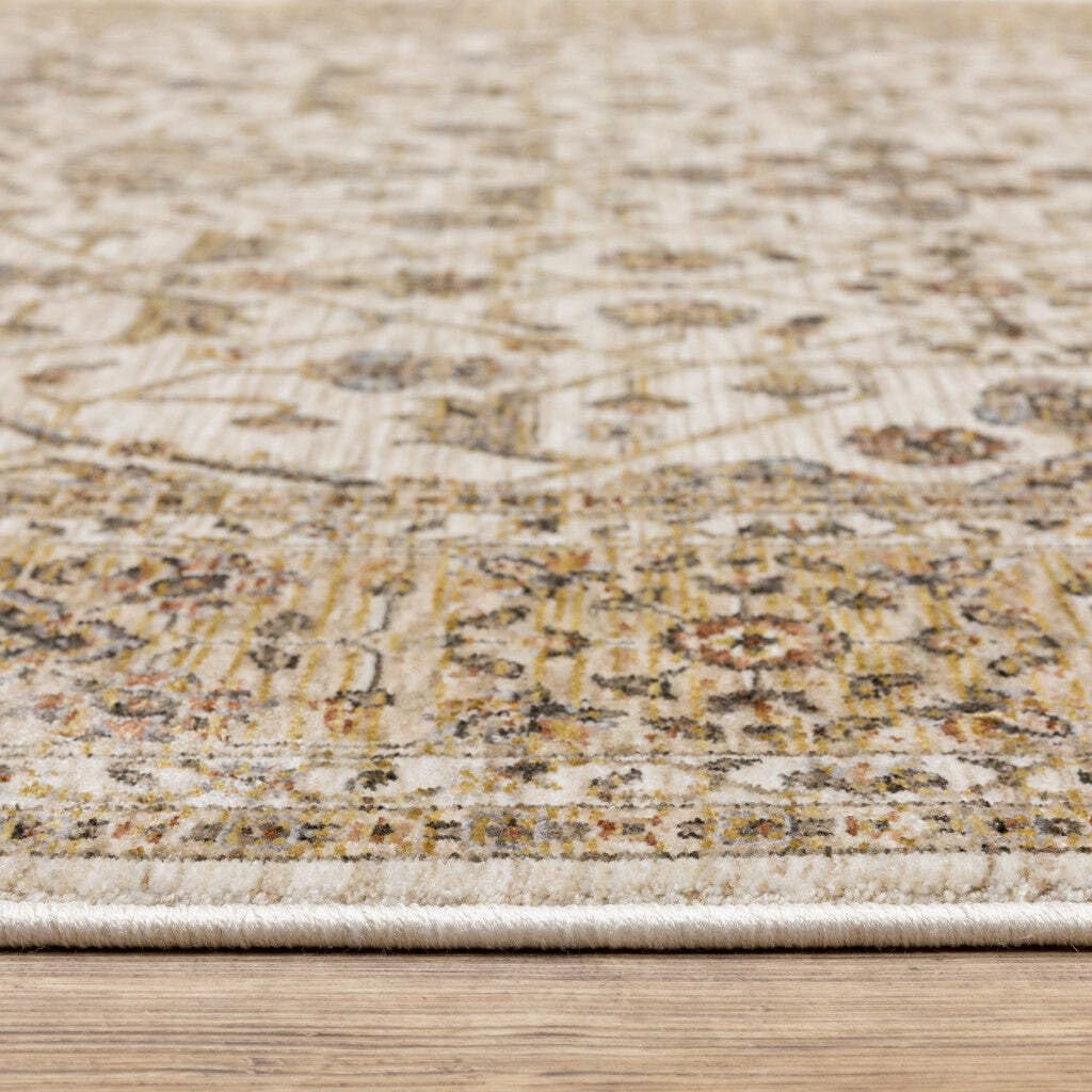 HomeRoots 509386 10 x 13 ft. Ivory & Gold Oriental Power Loom Stain Resistant Rectangle Area Rug with Fringe