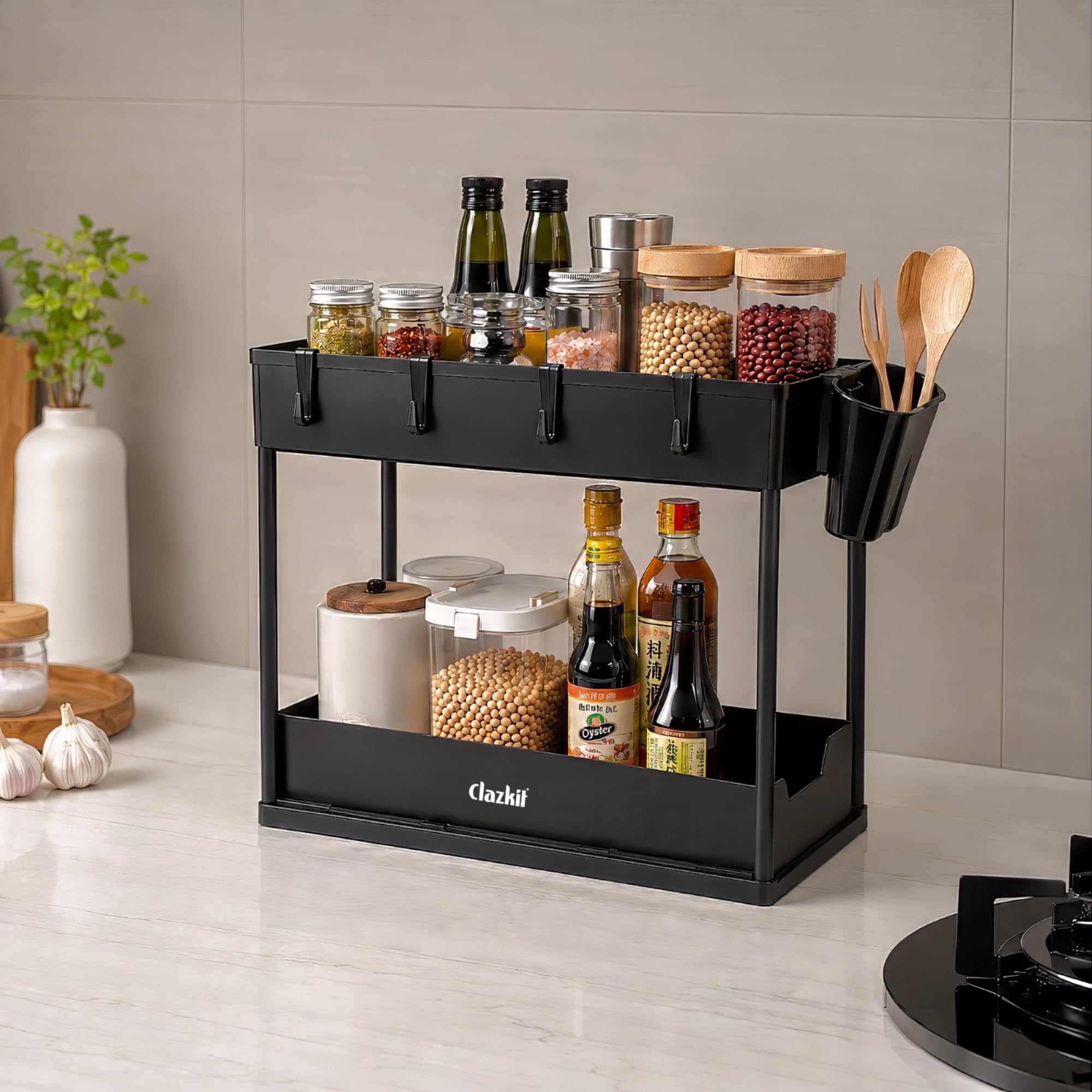 Clazkit 2Tier Under Sink Organizer For Kitchen & Bathroom | PullOut Cabinet Storage Rack With Hooks & Hanging Cup | MultiPurp