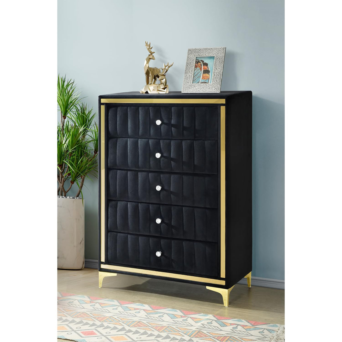 Better Home Products Monique Velvet Upholstered 5-Drawer Chest Dresser With Gold Legs And Gold Trim In Black - Fully Assembled