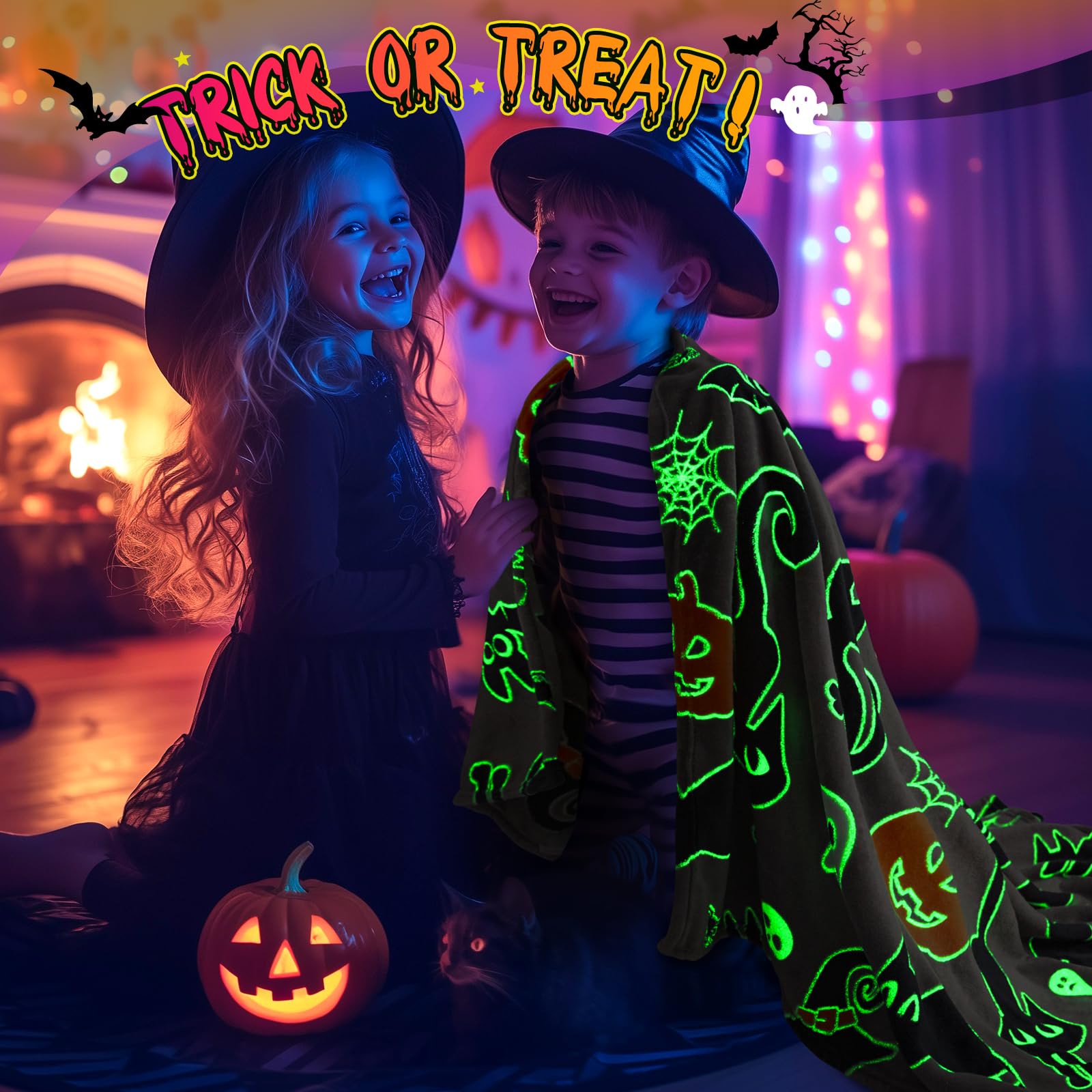 Halloween Decorations Blanket Gifts For Kids - Pumpkin Spooky Bat Cat Glow In The Dark Soft Throw Toys Presents For Boys Girls T