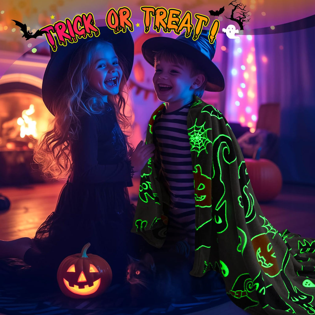 Halloween Decorations Blanket Gifts For Kids - Pumpkin Spooky Bat Cat Glow In The Dark Soft Throw Toys Presents For Boys Girls T